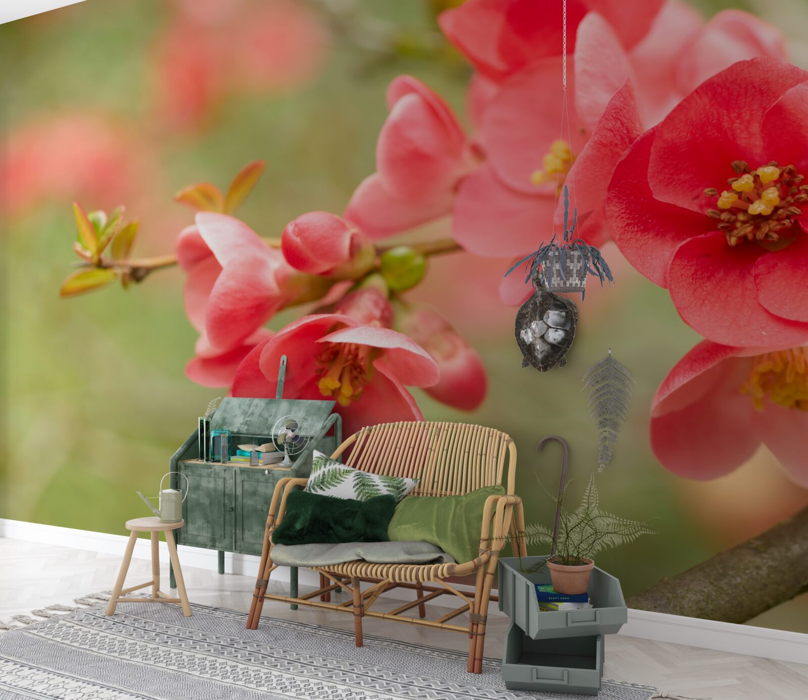 Fototapeten Scharlachrote Blumen am Baum