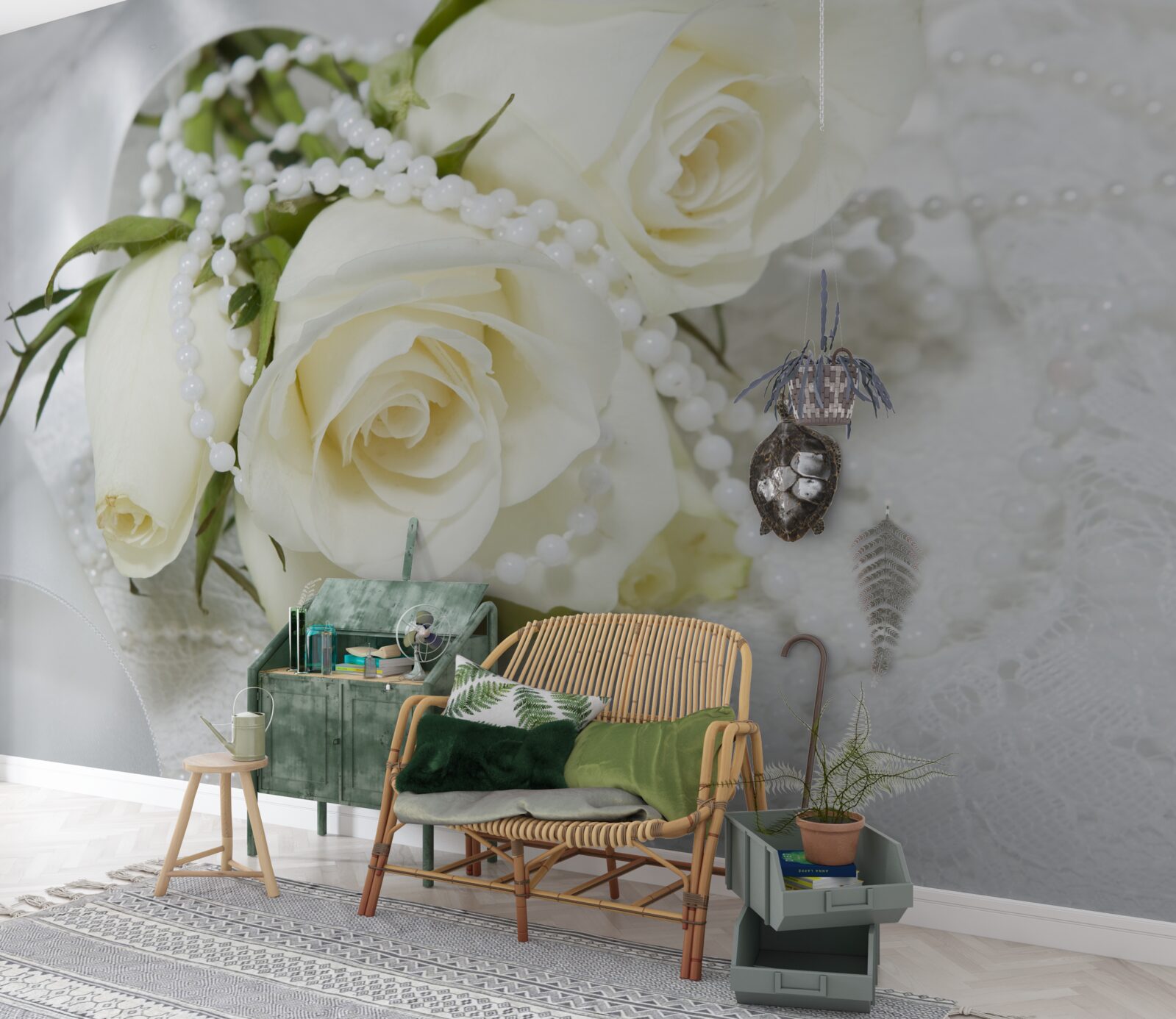 Fototapeten Zusammensetzung weißer Rosen mit Perlenperlen