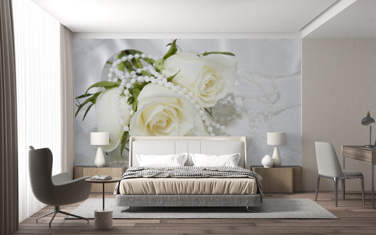 Fototapeten Zusammensetzung weißer Rosen mit Perlenperlen