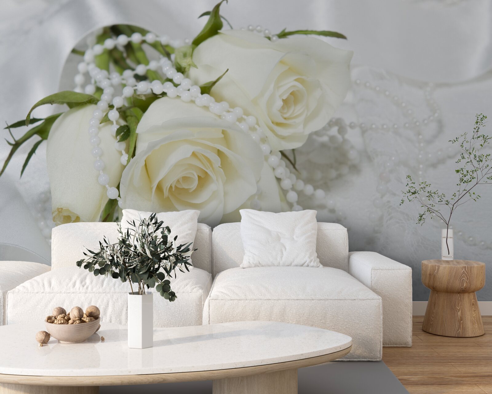 Fototapeten Zusammensetzung weißer Rosen mit Perlenperlen