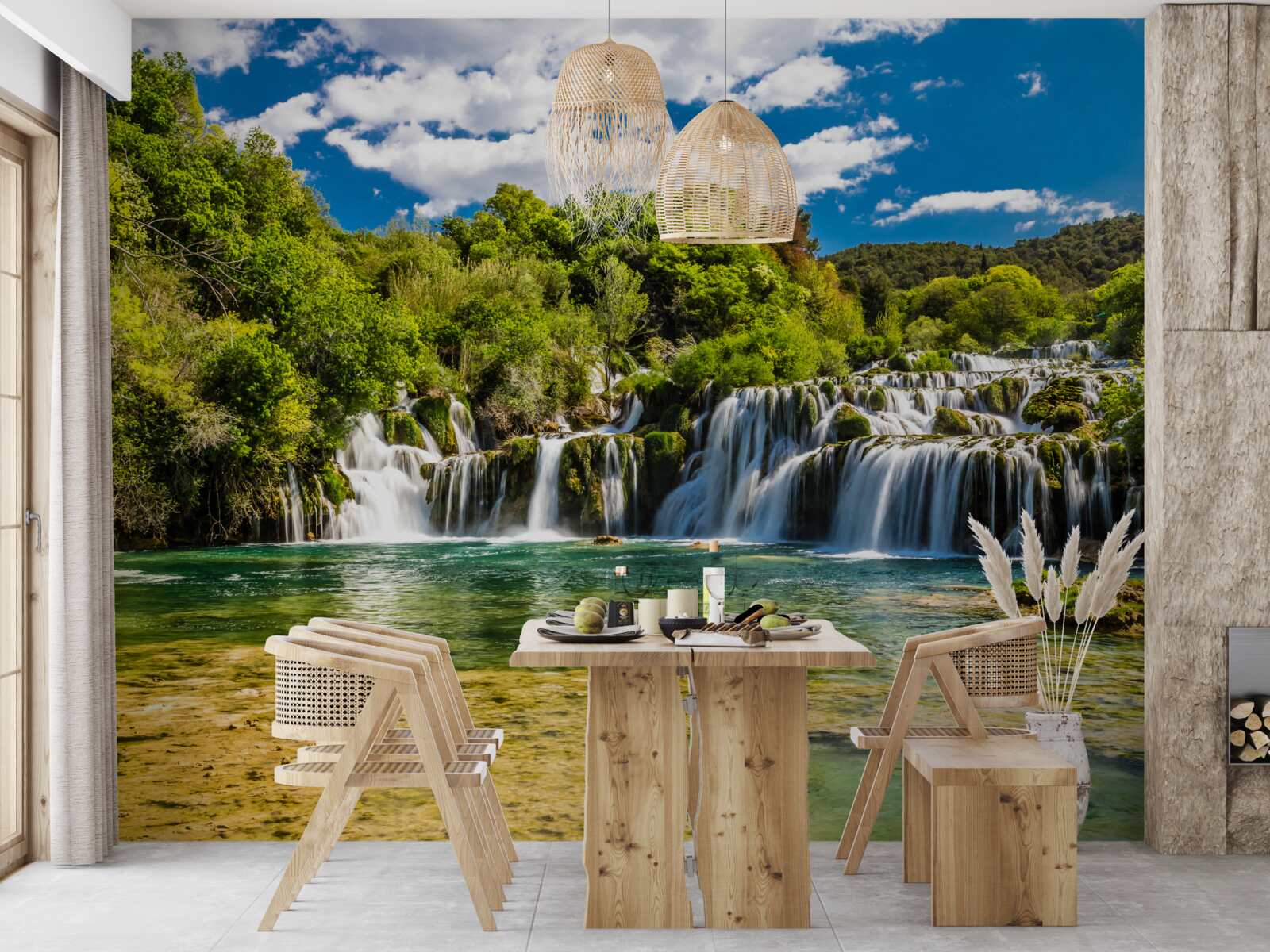 Fototapeten Ein riesiger Wasserfall, der auf einer tropischen Insel abstößt