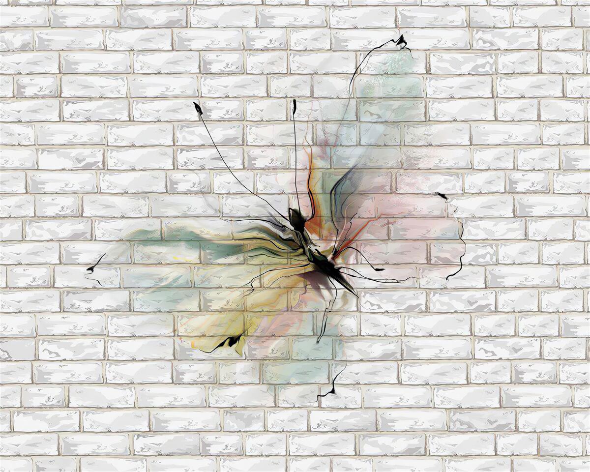 Fototapeten Schmetterling in einem abstrakten Stil an einer weißen Wand