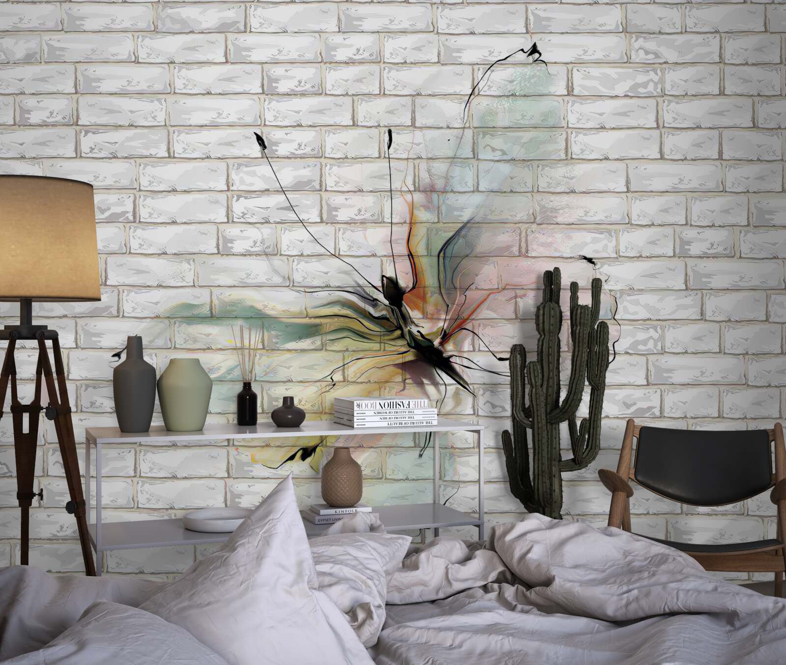 Fototapeten Schmetterling in einem abstrakten Stil an einer weißen Wand