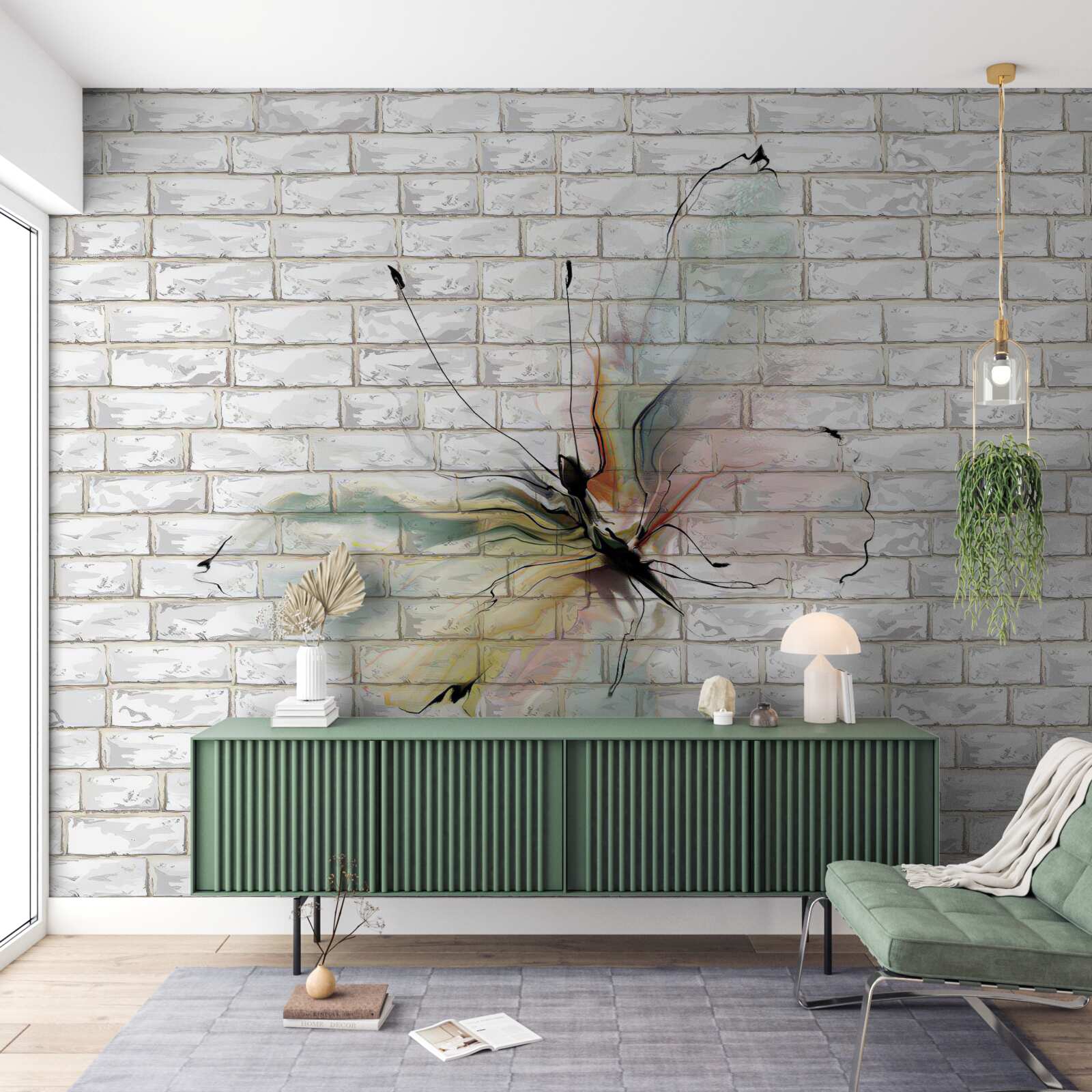 Fototapeten Schmetterling in einem abstrakten Stil an einer weißen Wand