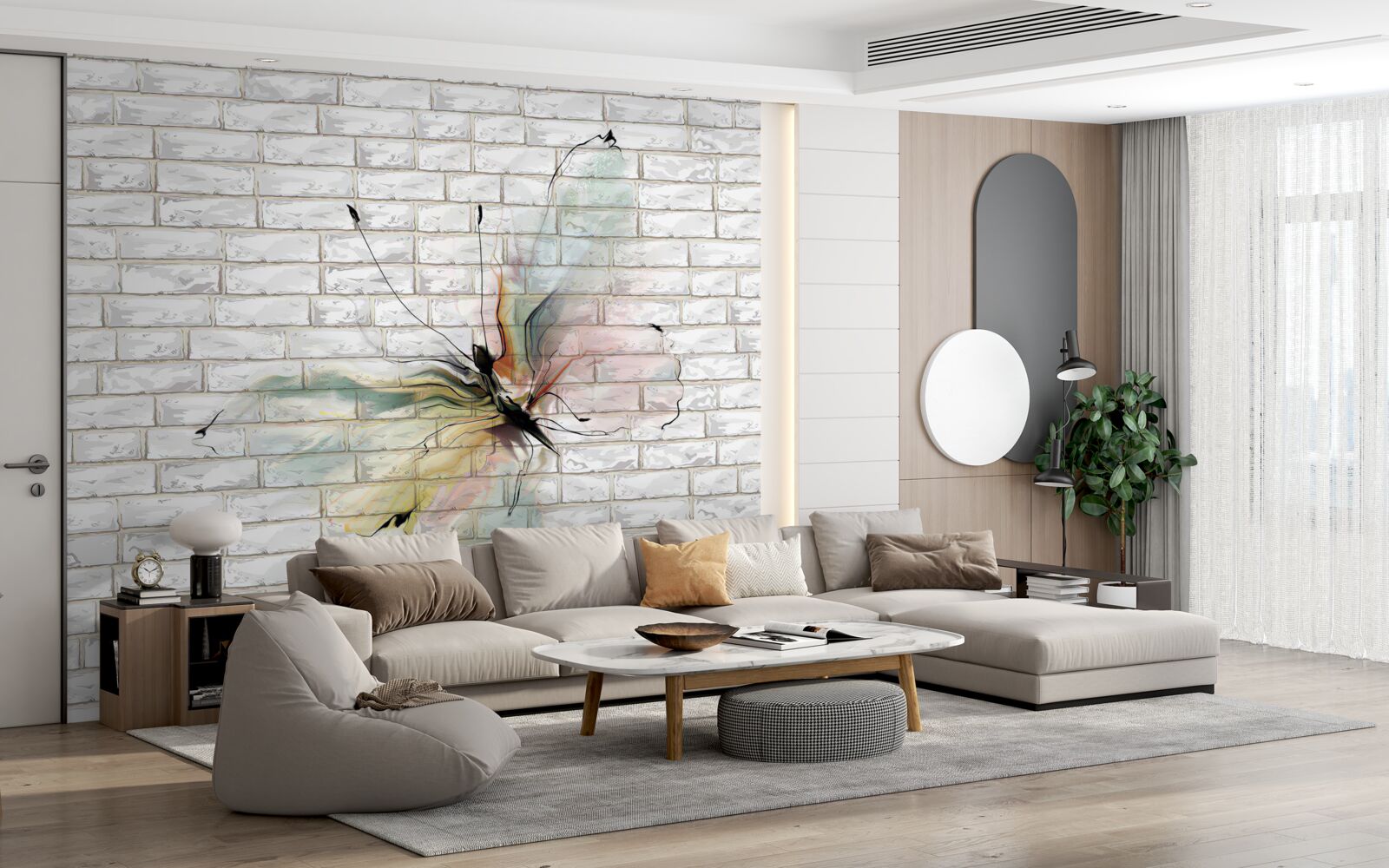 Fototapeten Schmetterling in einem abstrakten Stil an einer weißen Wand