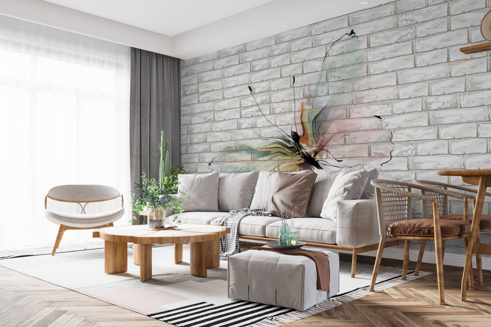 Fototapeten Schmetterling in einem abstrakten Stil an einer weißen Wand