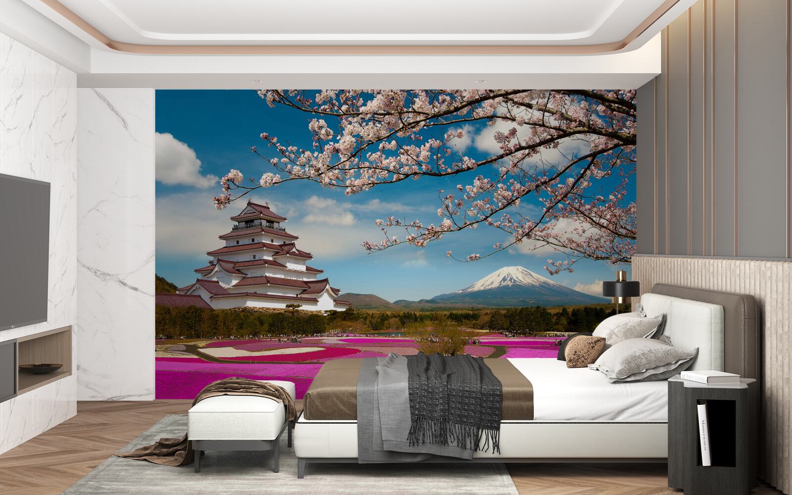Fototapeten In der Nähe des japanischen Hauses gibt es üppige Tulpengärten
