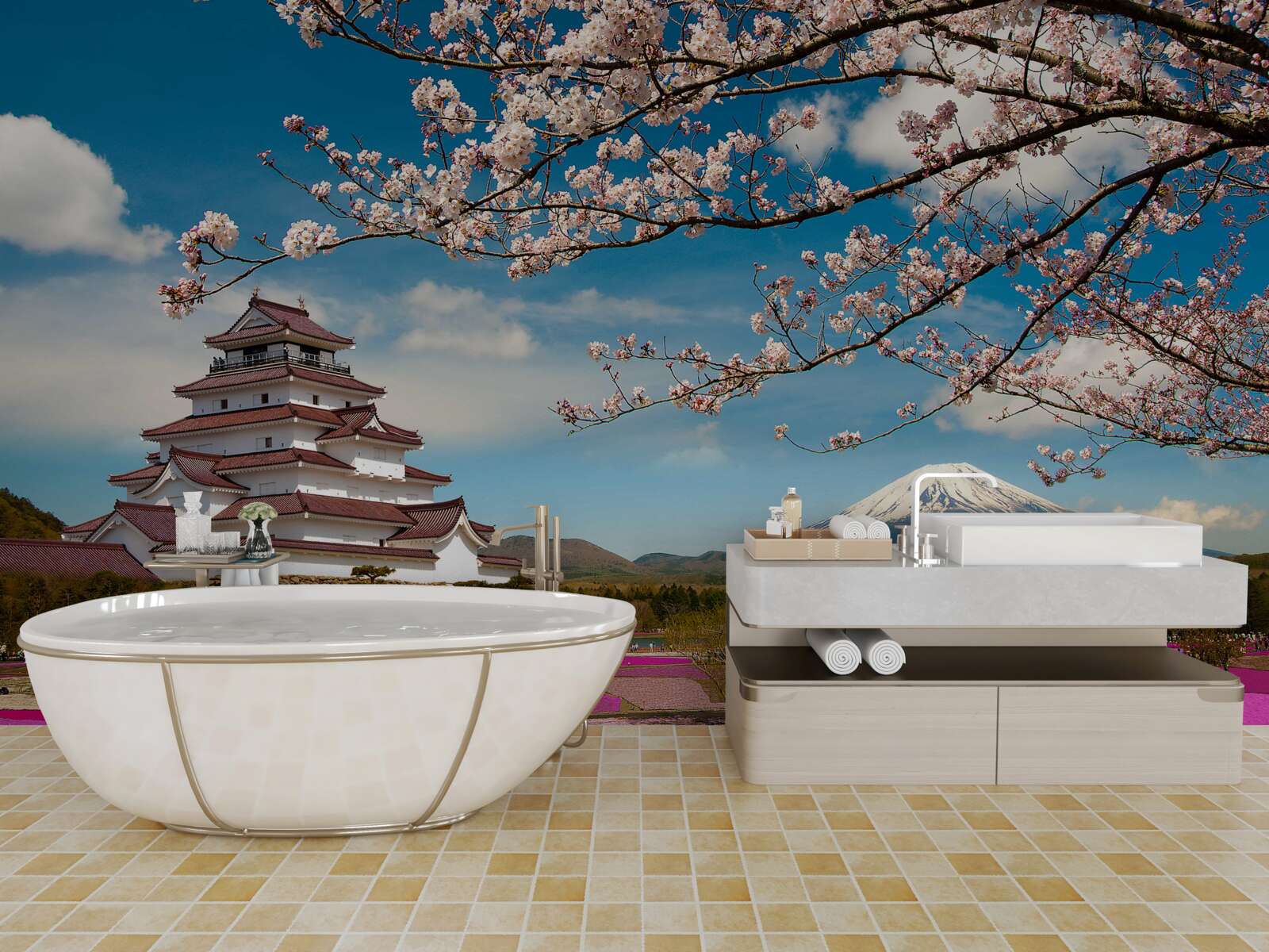 Fototapeten In der Nähe des japanischen Hauses gibt es üppige Tulpengärten