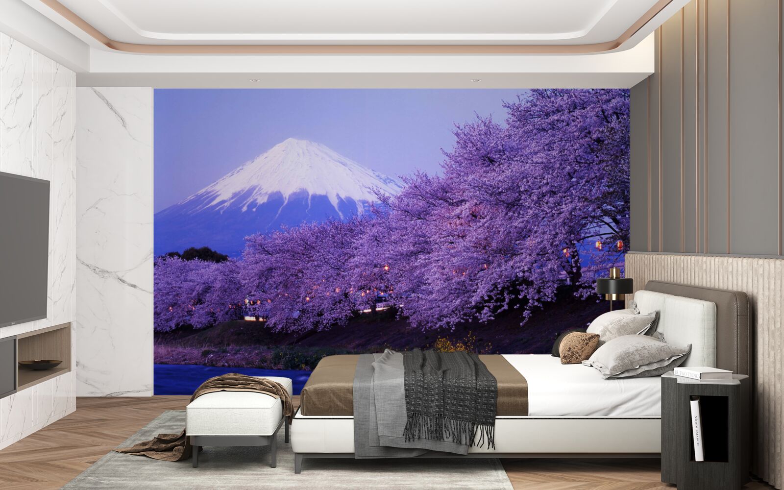 Fototapeten Bäume mit blühenden lila Blüten vor dem Hintergrund des Fuji -Berges
