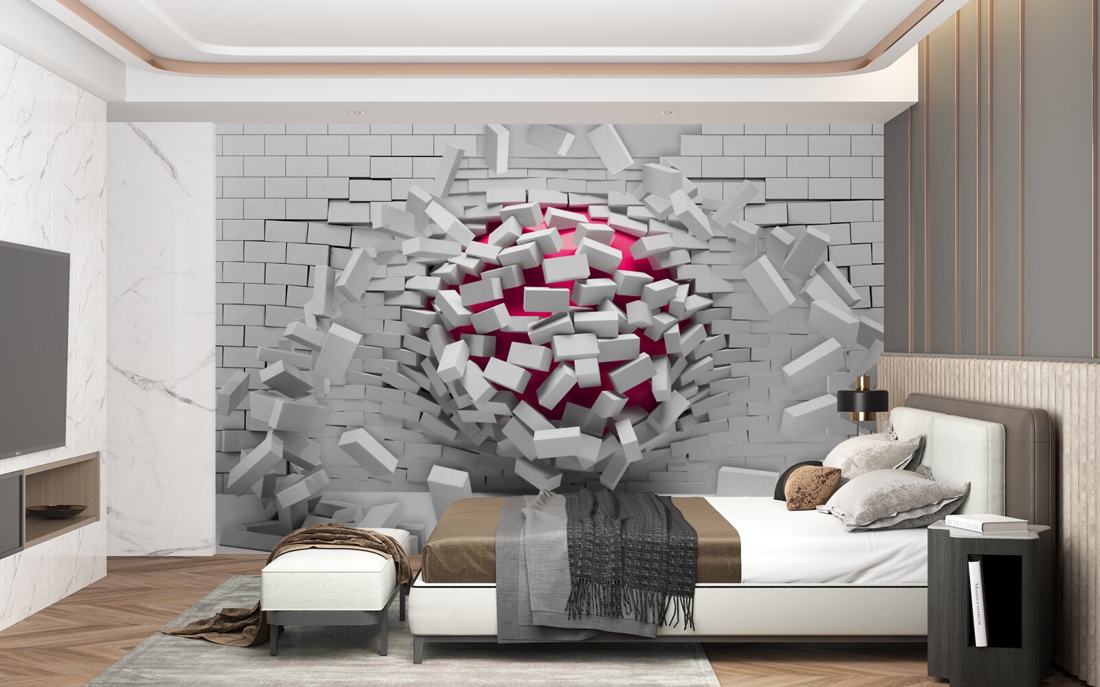 Fototapeten Der scharlachrote Ball zerstört eine Mauermauer