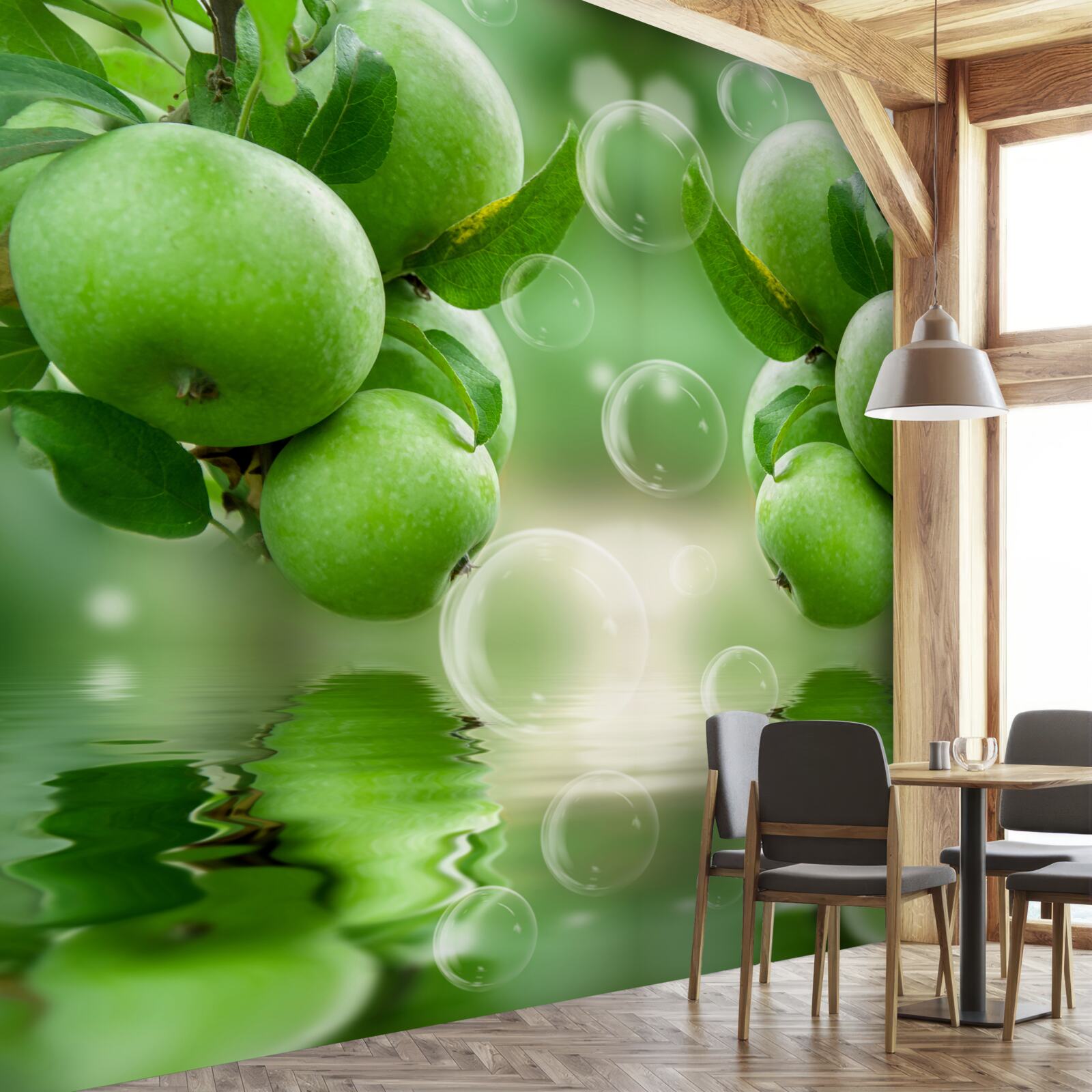Fototapeten grüne Äpfel saftige Reflexion im Wasser