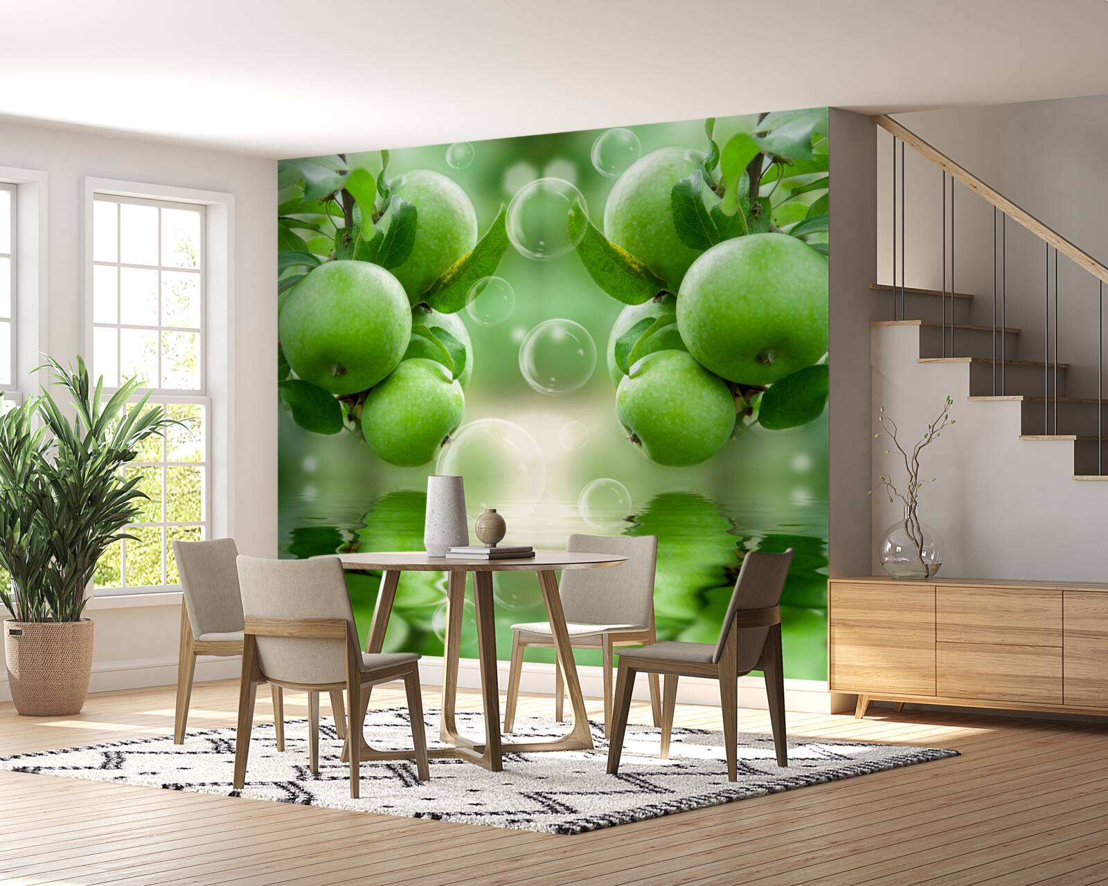 Fototapeten grüne Äpfel saftige Reflexion im Wasser