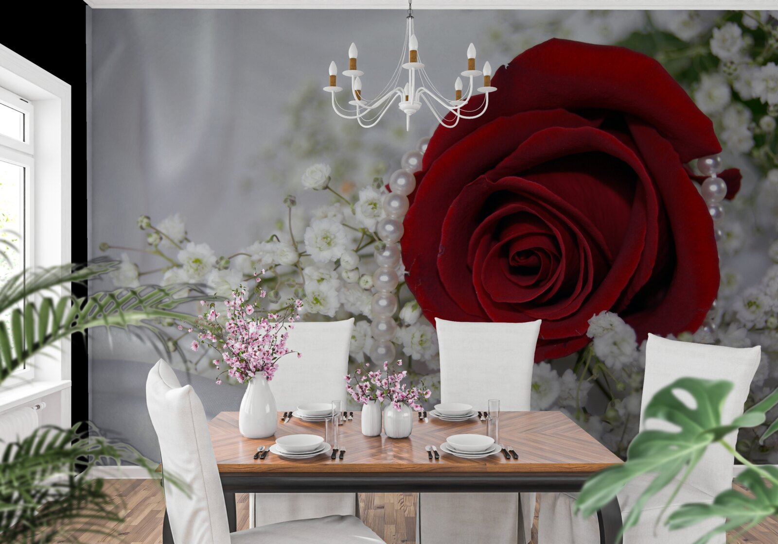 Fototapeten Es gibt weiße getrocknete Blumen und eine rote Rose auf Seide