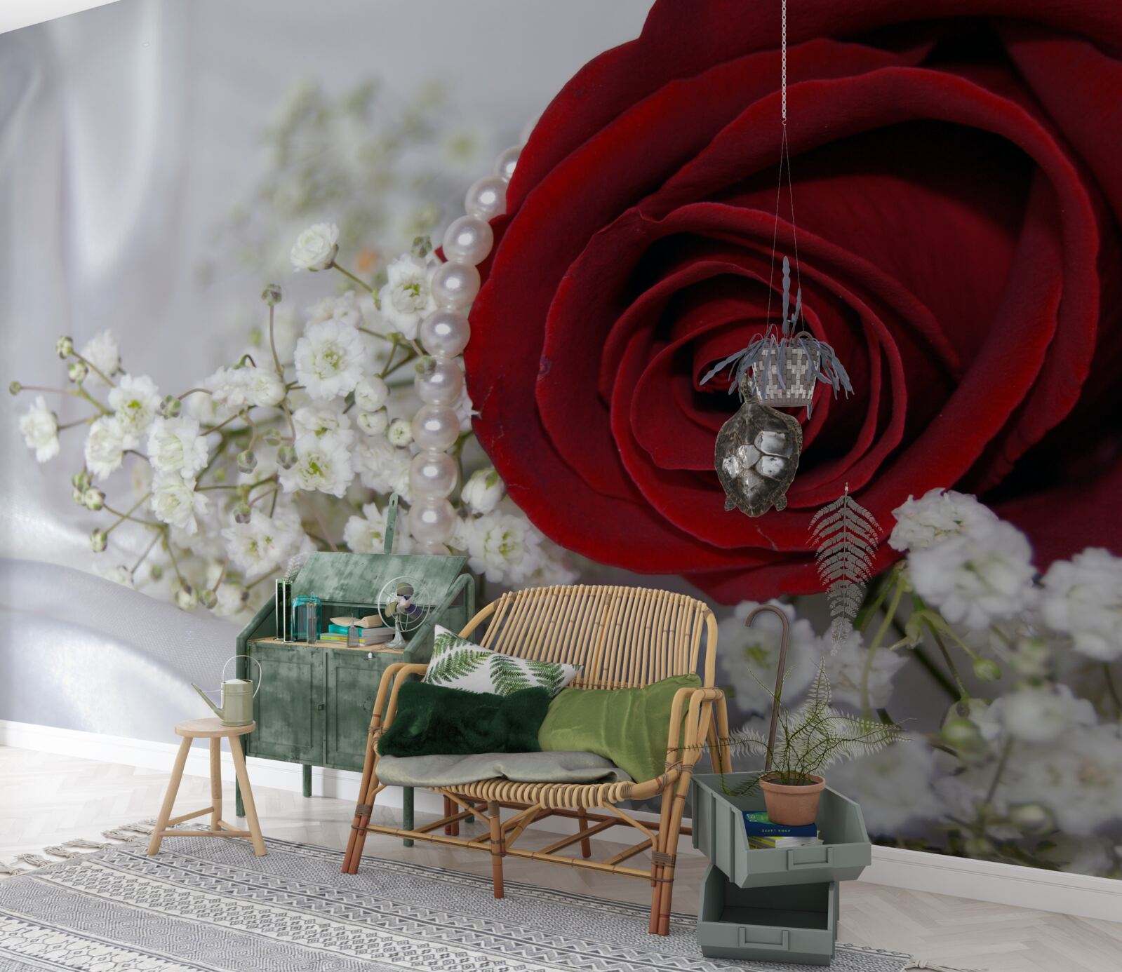 Fototapeten Es gibt weiße getrocknete Blumen und eine rote Rose auf Seide