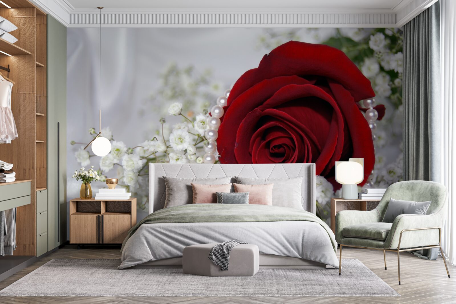Fototapeten Es gibt weiße getrocknete Blumen und eine rote Rose auf Seide