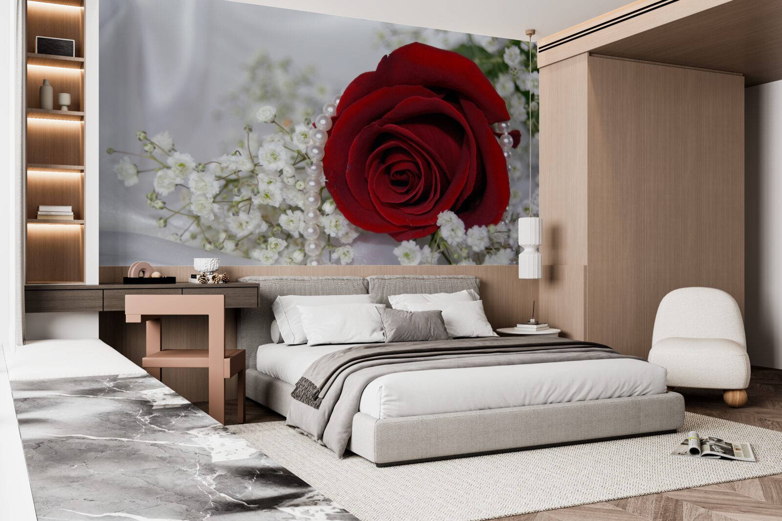 Fototapeten Es gibt weiße getrocknete Blumen und eine rote Rose auf Seide
