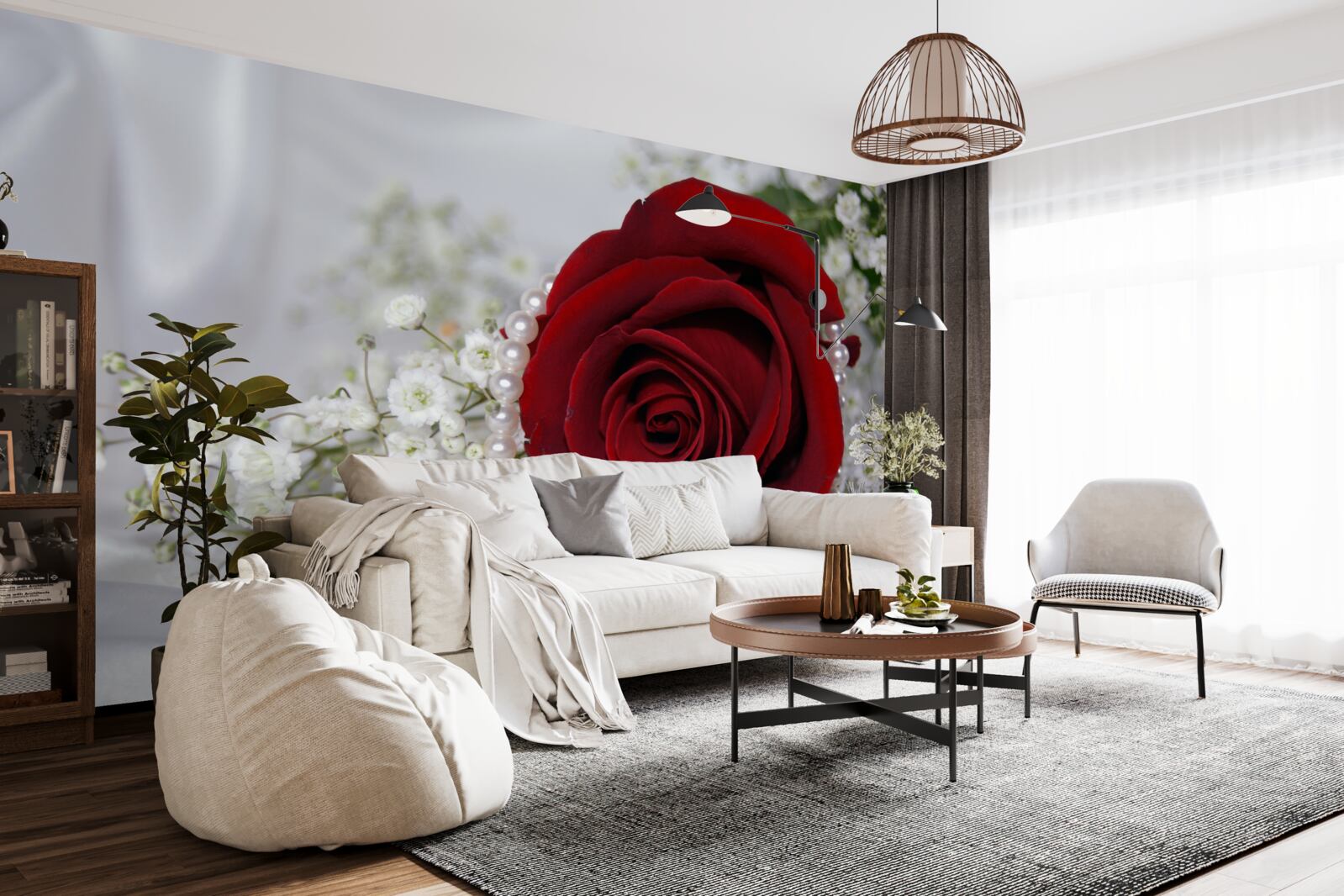 Fototapeten Es gibt weiße getrocknete Blumen und eine rote Rose auf Seide