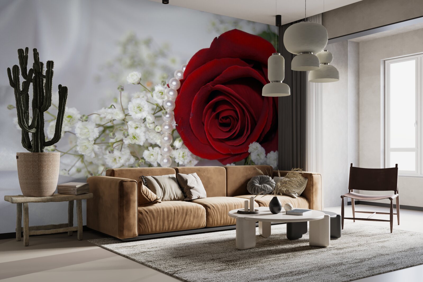 Fototapeten Es gibt weiße getrocknete Blumen und eine rote Rose auf Seide