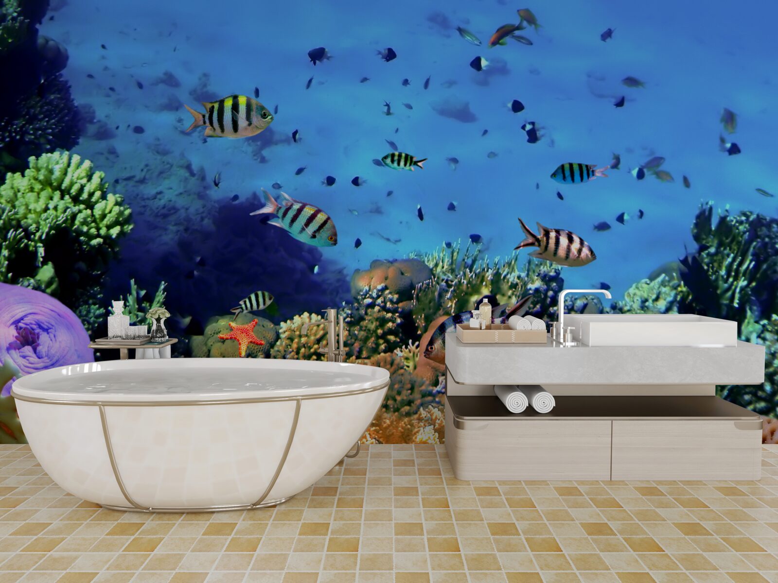 Fototapeten gestreifte Fische in den Tiefen des Ozeans