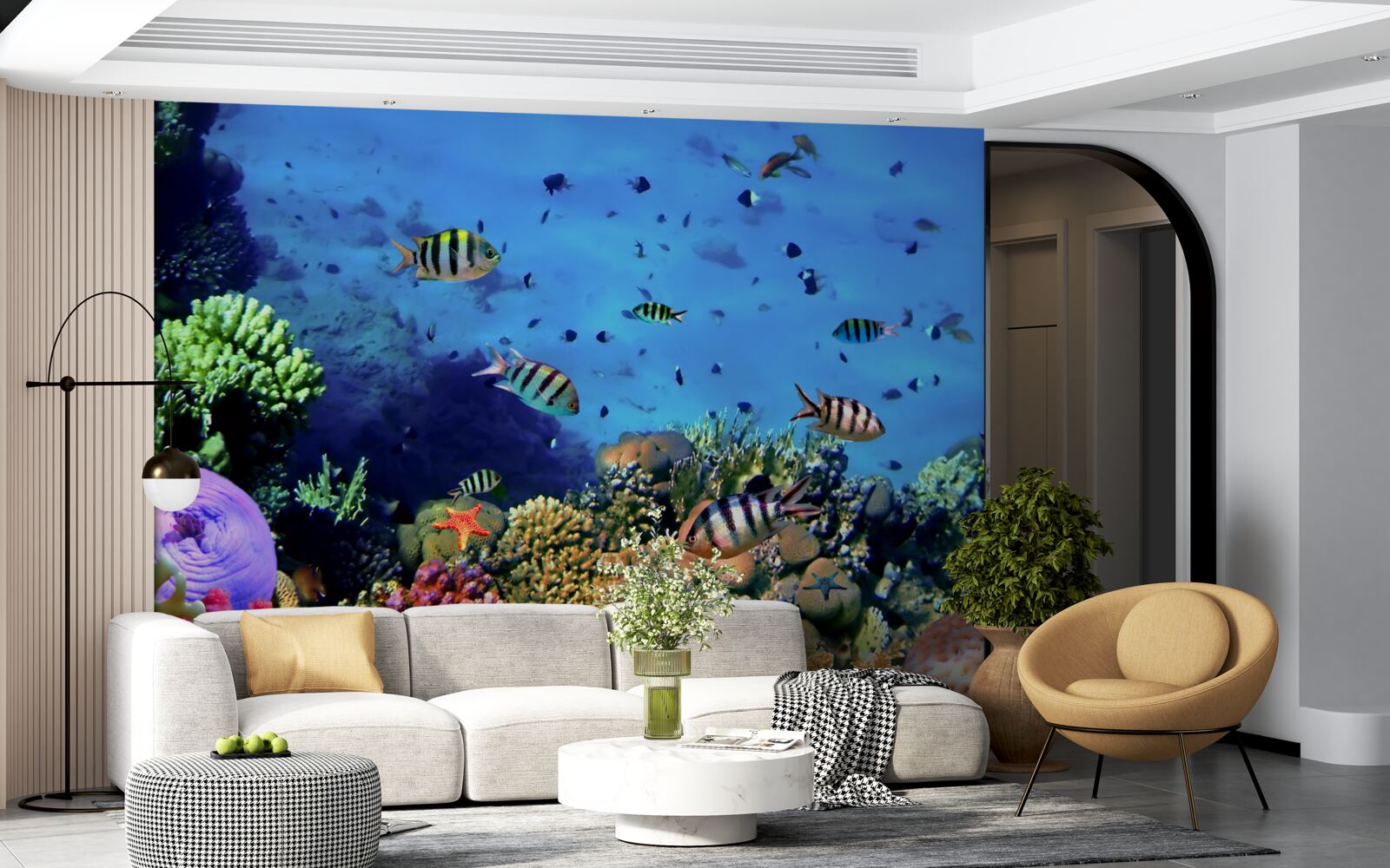 Fototapeten gestreifte Fische in den Tiefen des Ozeans