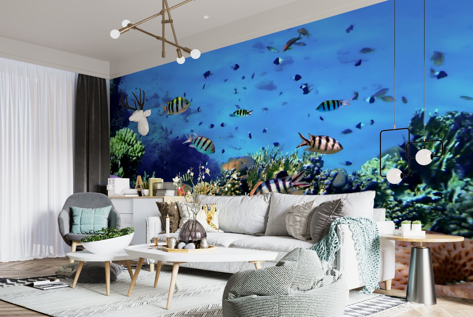 Fototapeten gestreifte Fische in den Tiefen des Ozeans