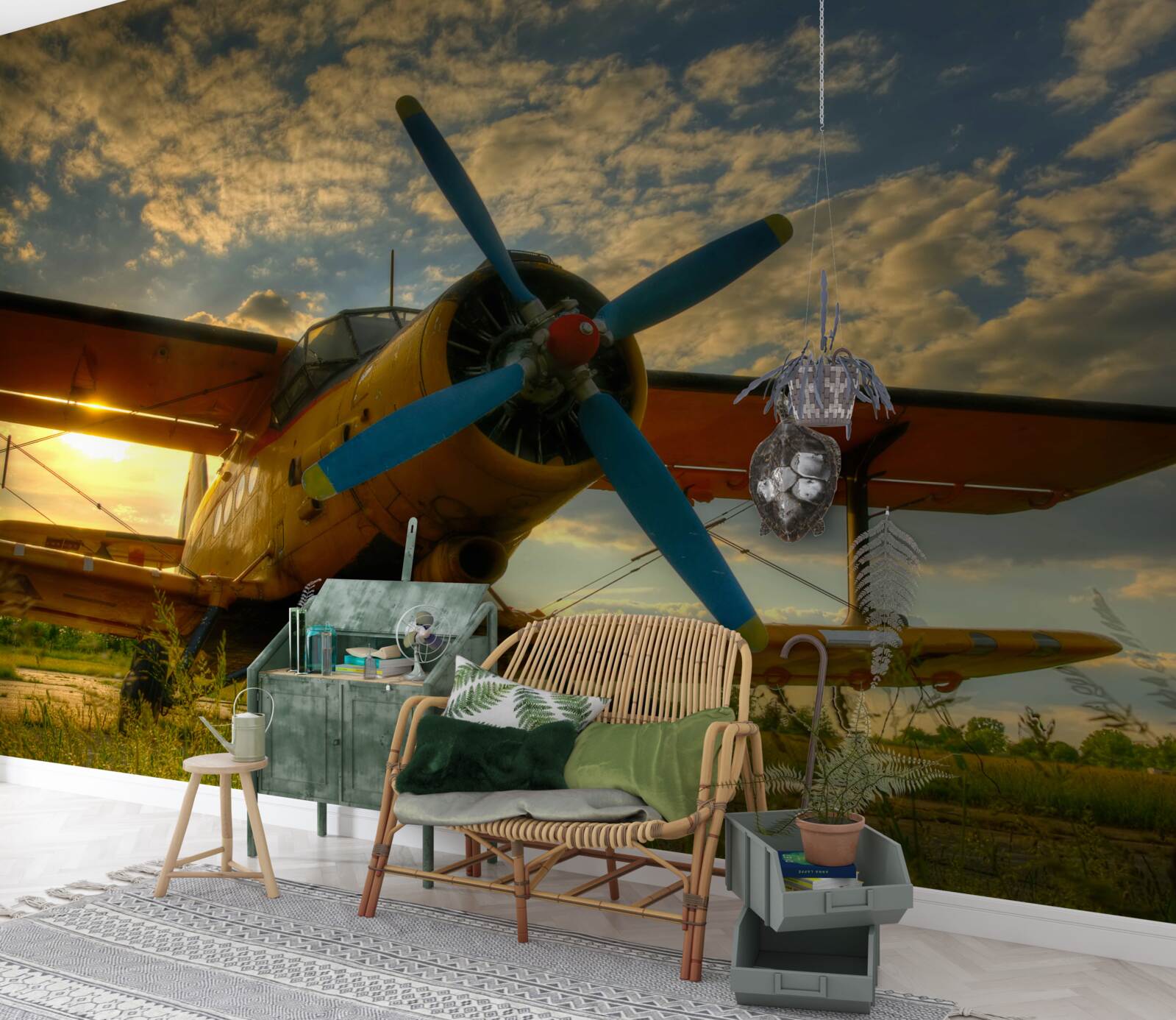 Fototapeten Es gibt ein historisches Flugzeug mit einem Propeller auf dem Feld
