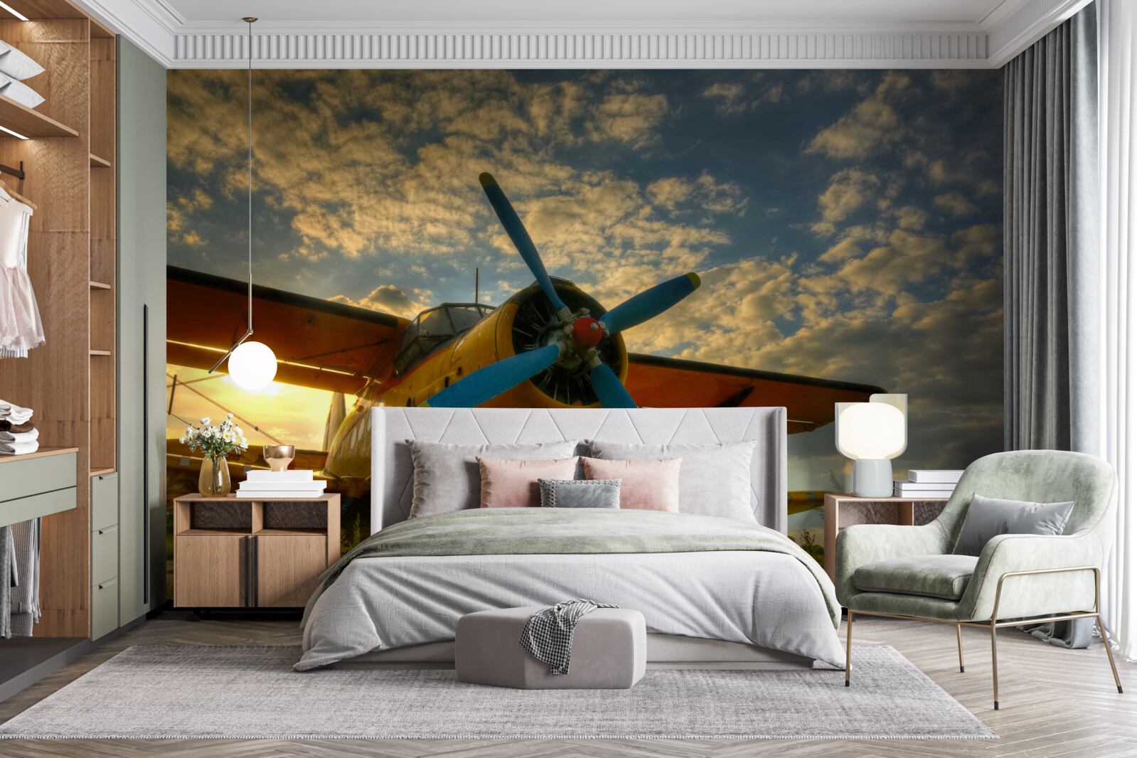 Fototapeten Es gibt ein historisches Flugzeug mit einem Propeller auf dem Feld