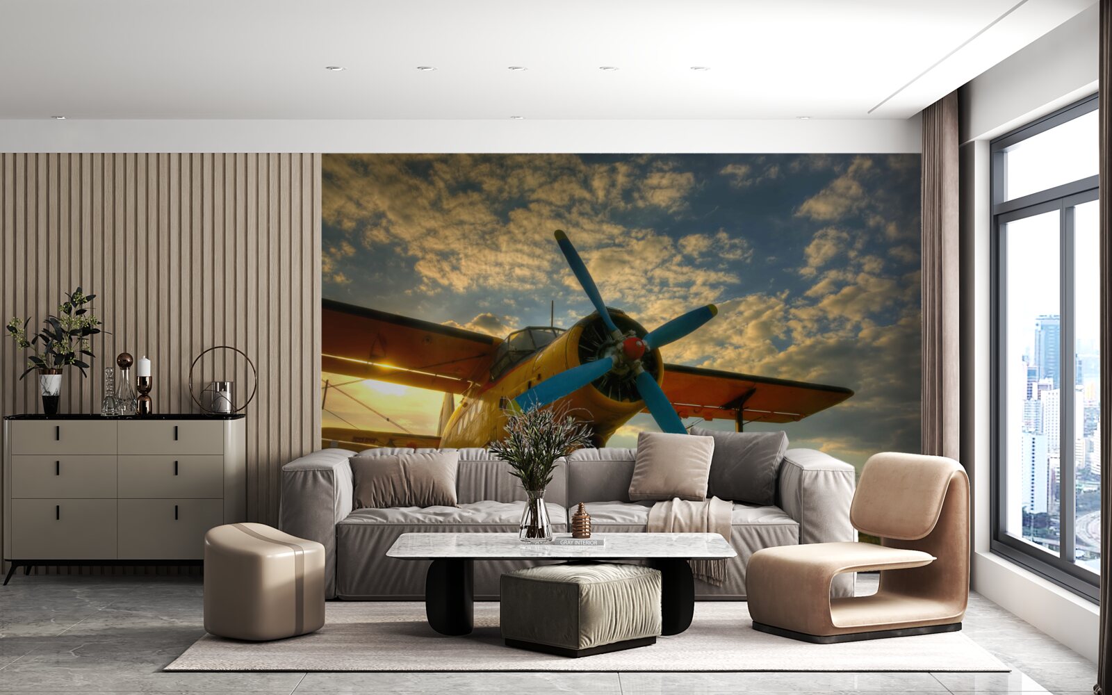 Fototapeten Es gibt ein historisches Flugzeug mit einem Propeller auf dem Feld
