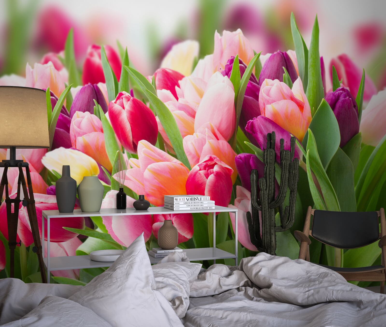 Fototapeten Helle Feder -Tulpen mit grünen Blättern