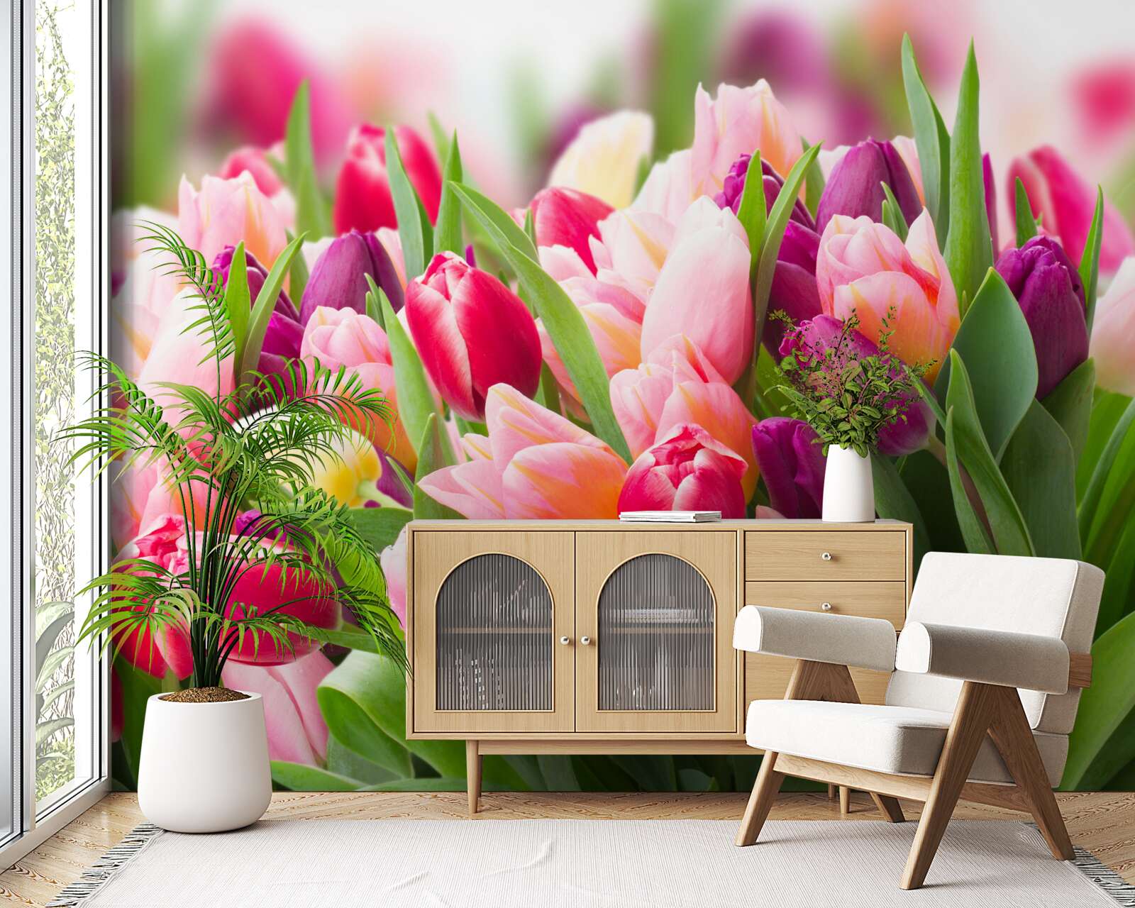 Fototapeten Helle Feder -Tulpen mit grünen Blättern