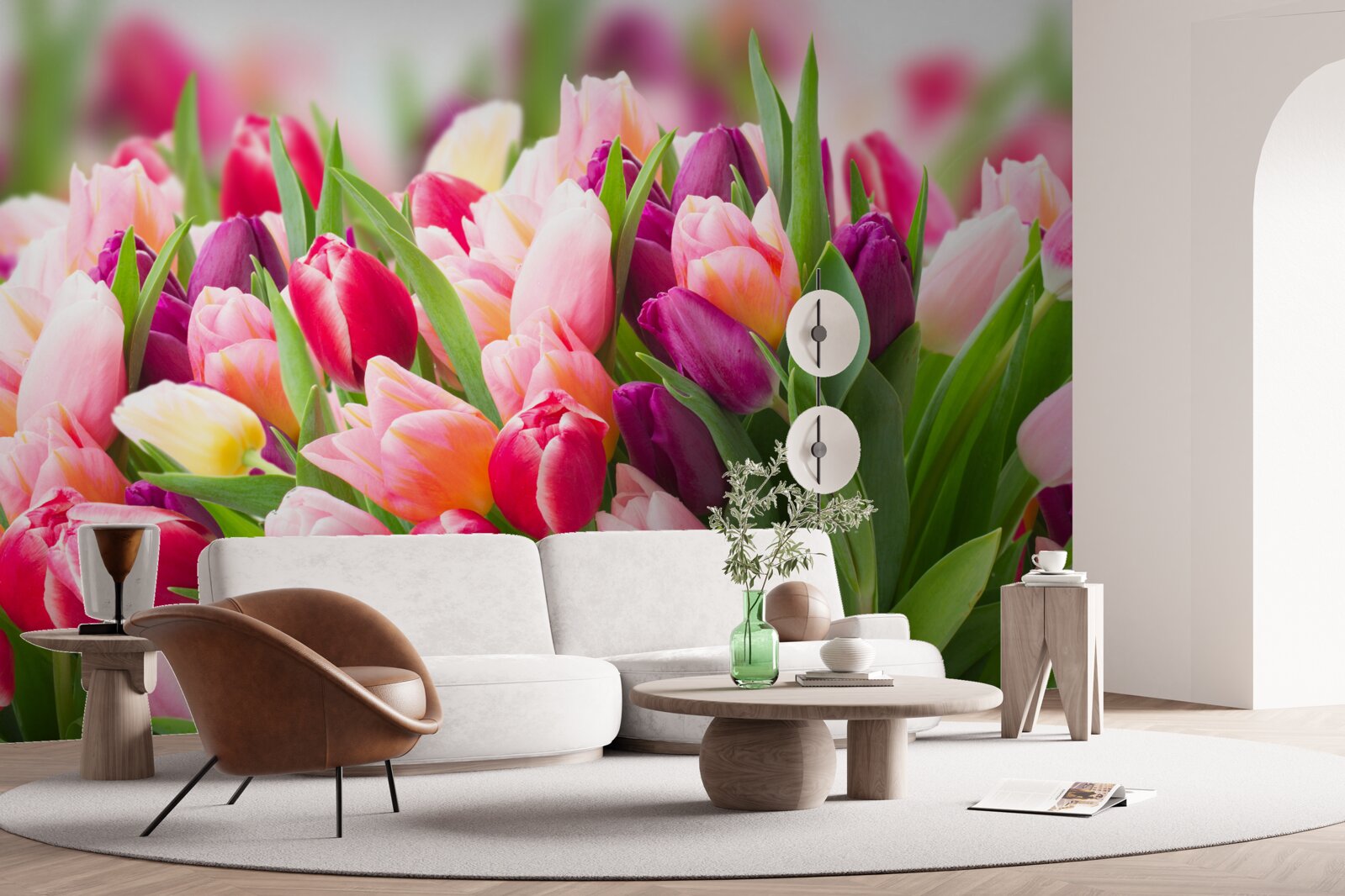 Fototapeten Helle Feder -Tulpen mit grünen Blättern