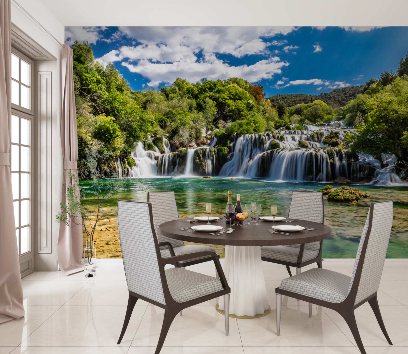 Fototapeten Wasserfall in mehreren Kaskaden mit Grünflächen