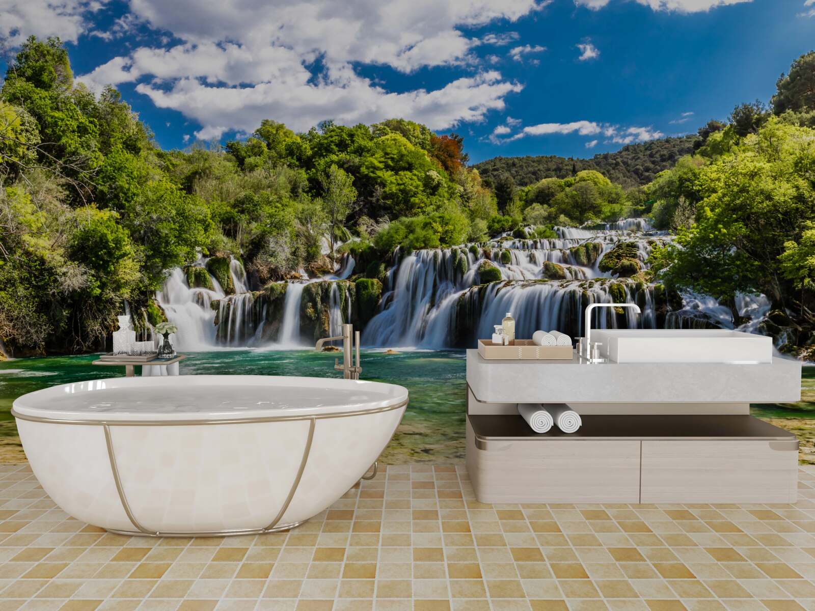 Fototapeten Wasserfall in mehreren Kaskaden mit Grünflächen