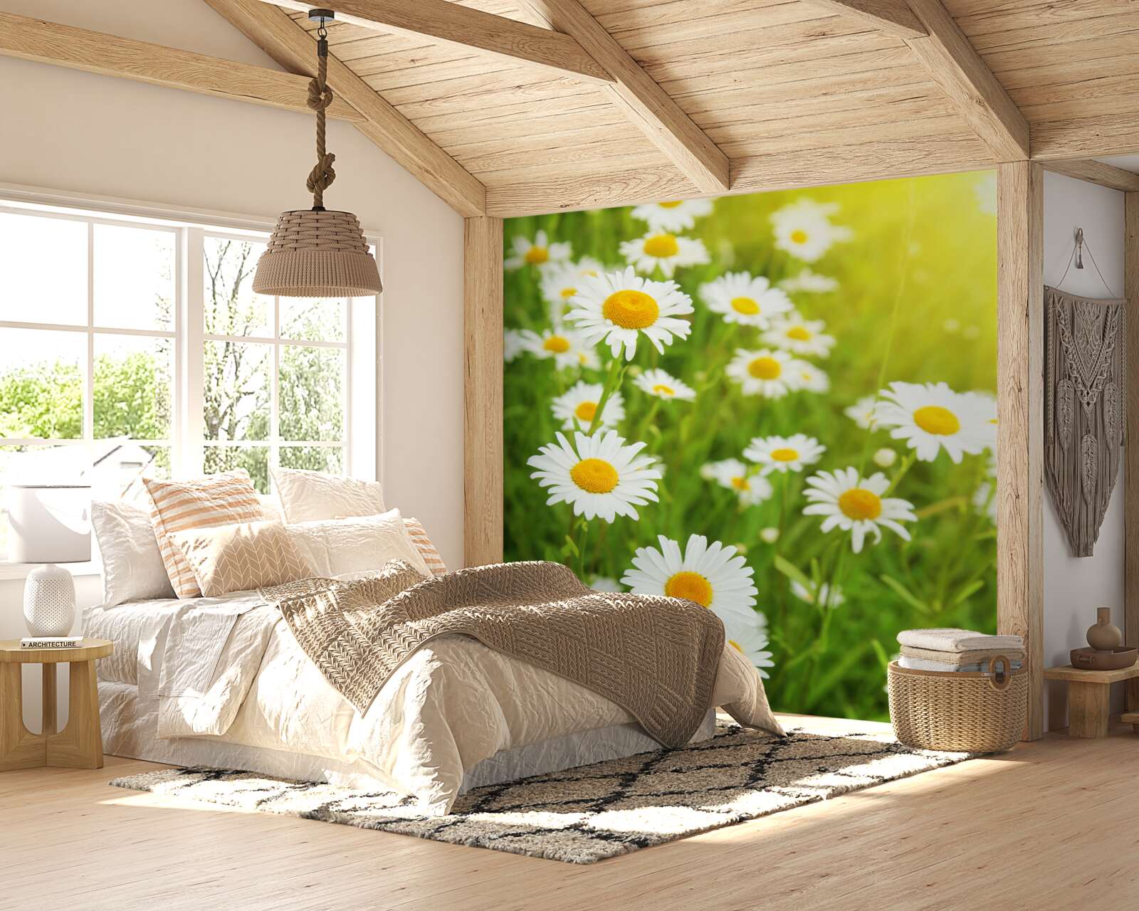 Fototapeten Felder mit weißen Gänseblümchen