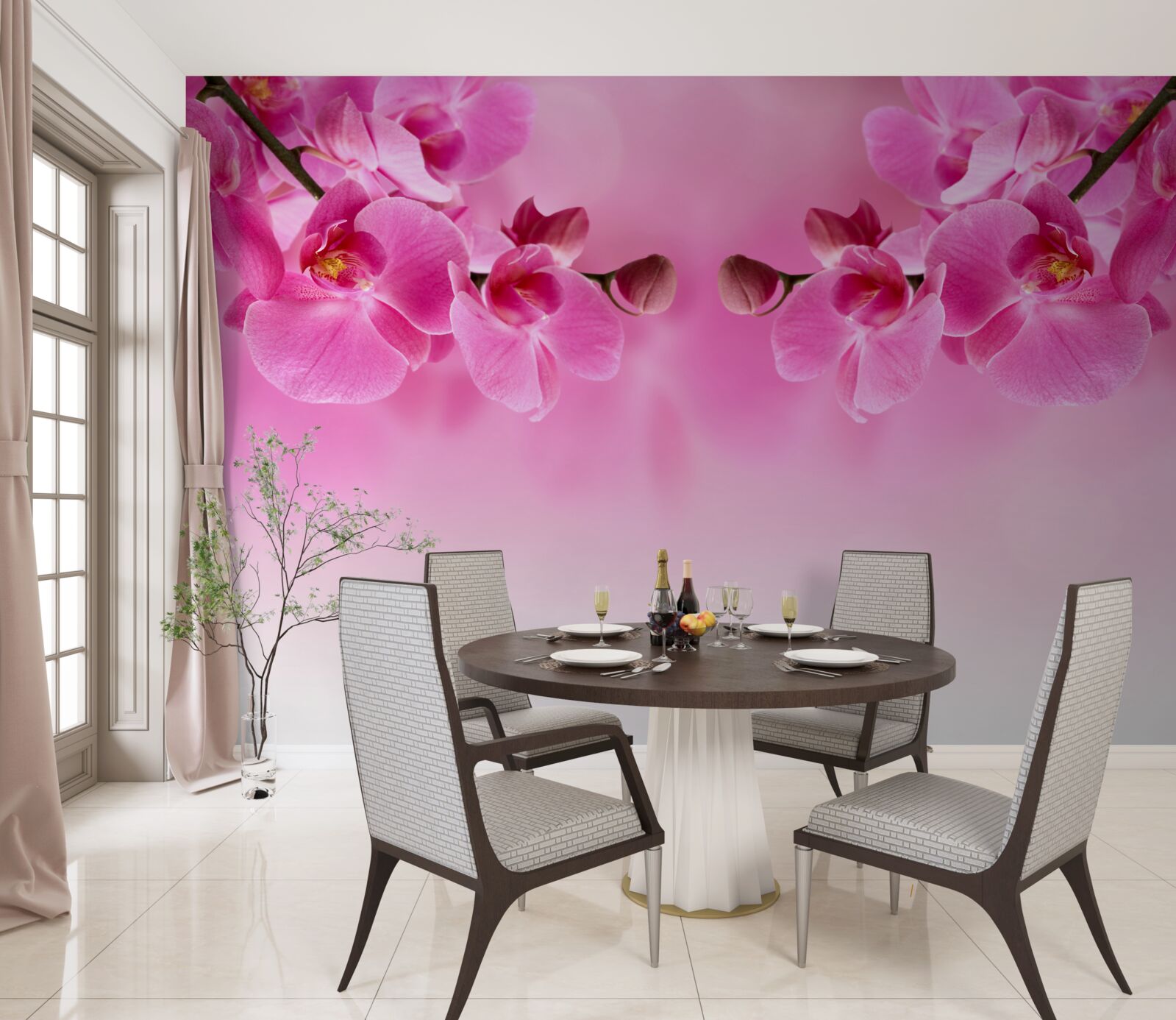 Fototapeten Zweige der rosa Orchidee auf einem hellen Hintergrund