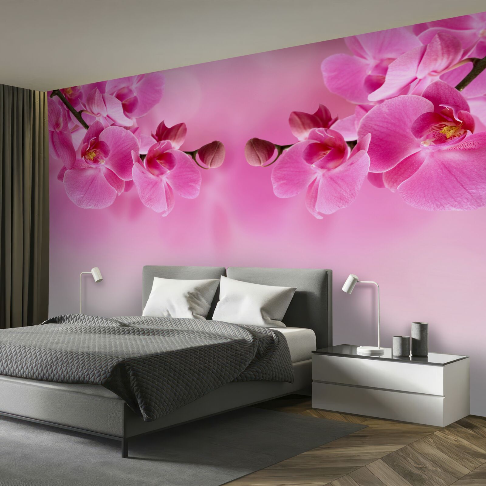 Fototapeten Zweige der rosa Orchidee auf einem hellen Hintergrund