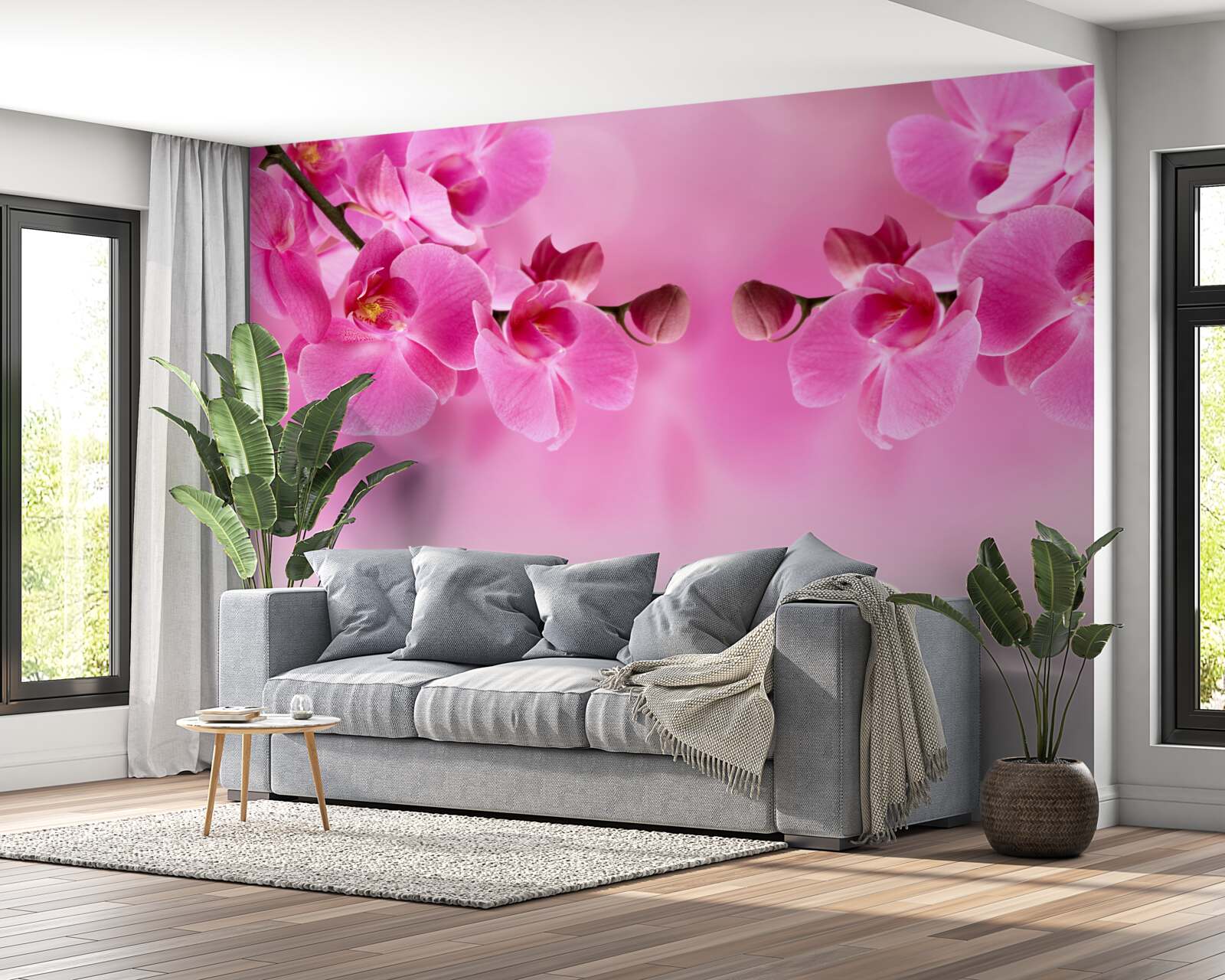 Fototapeten Zweige der rosa Orchidee auf einem hellen Hintergrund