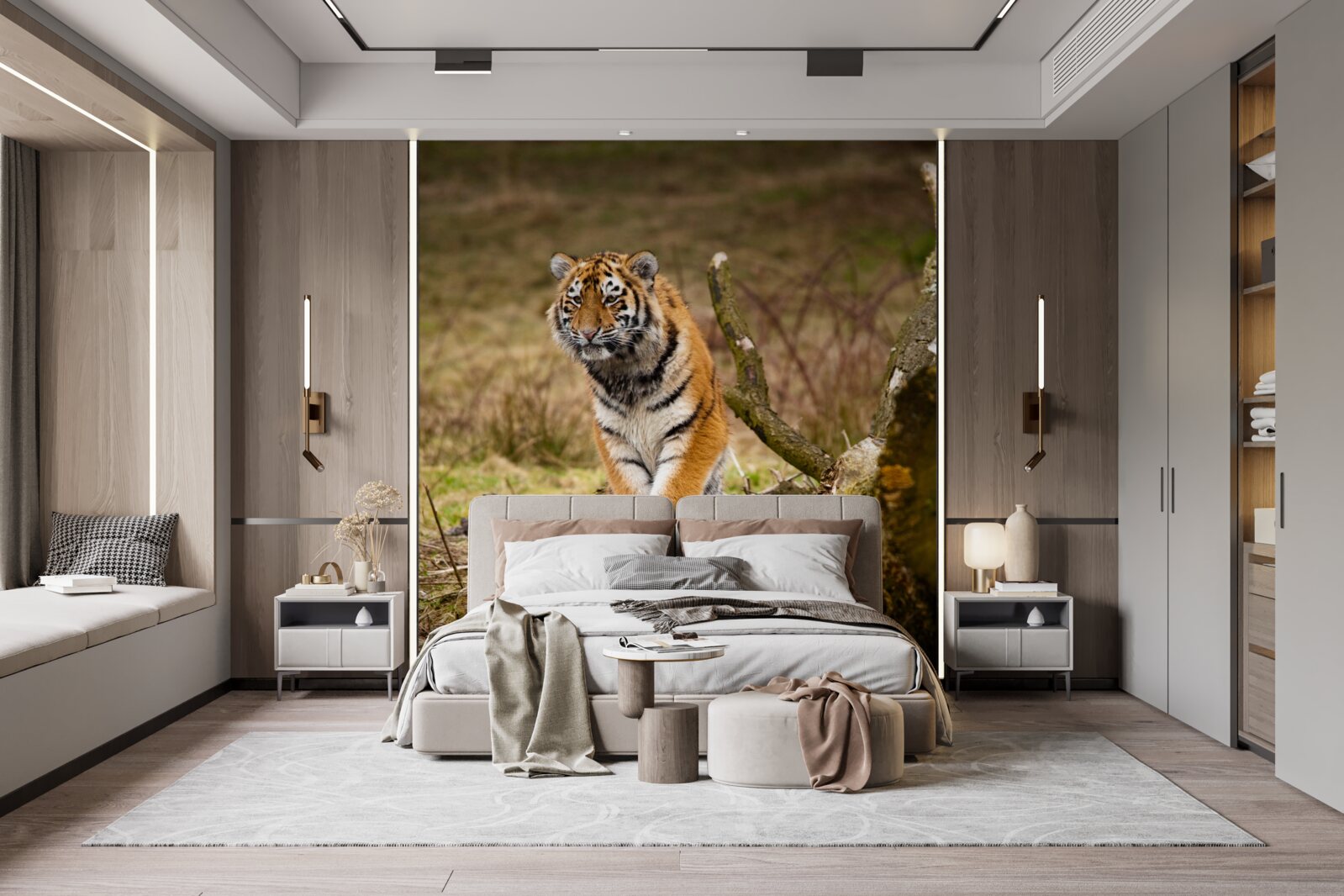 Fototapeten Der Tiger sitzt auf dem Zweig und wartet auf das Opfer