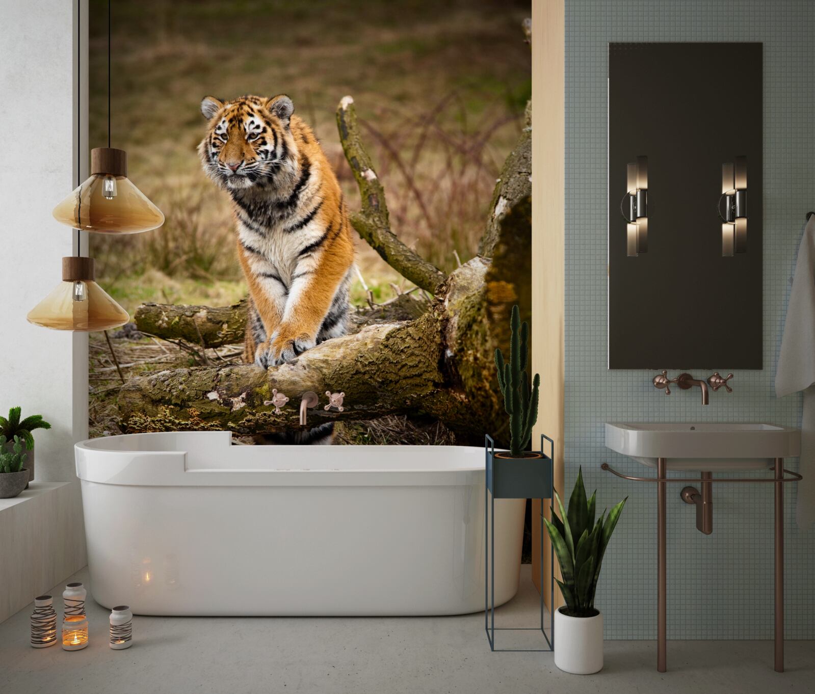 Fototapeten Der Tiger sitzt auf dem Zweig und wartet auf das Opfer