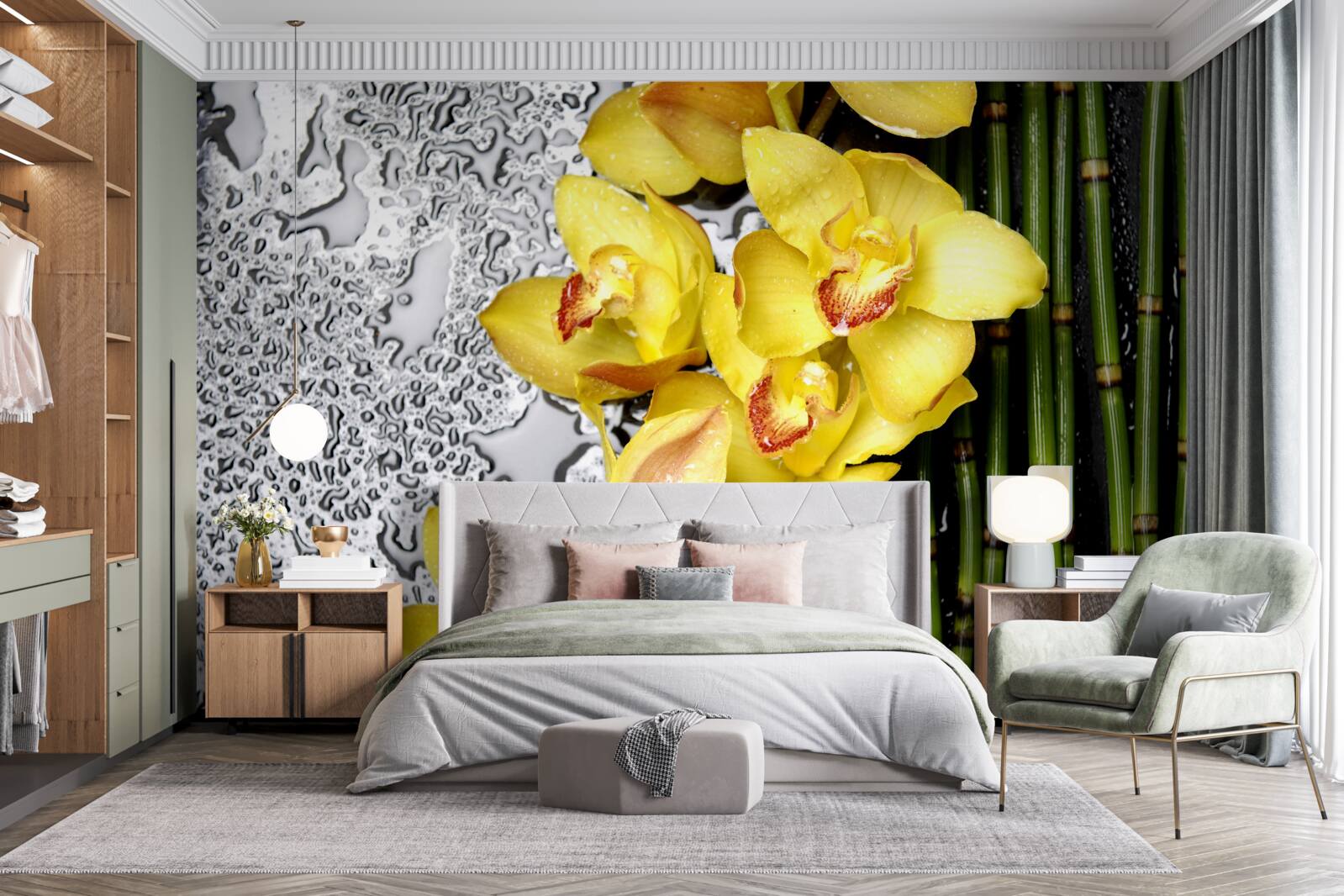 Fototapeten Die gelbe Orchidee befindet sich am Stein neben dem Bambus