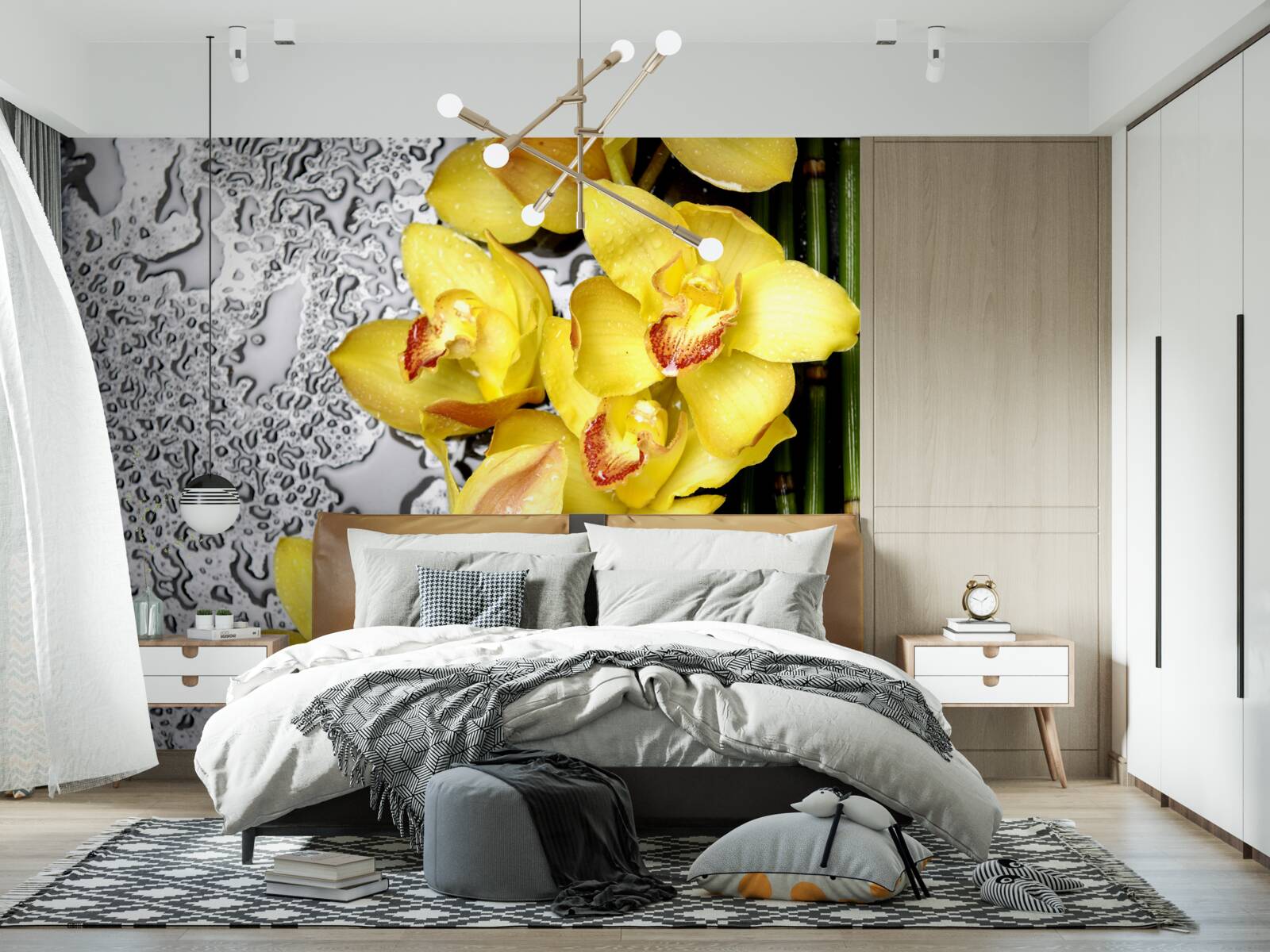 Fototapeten Die gelbe Orchidee befindet sich am Stein neben dem Bambus