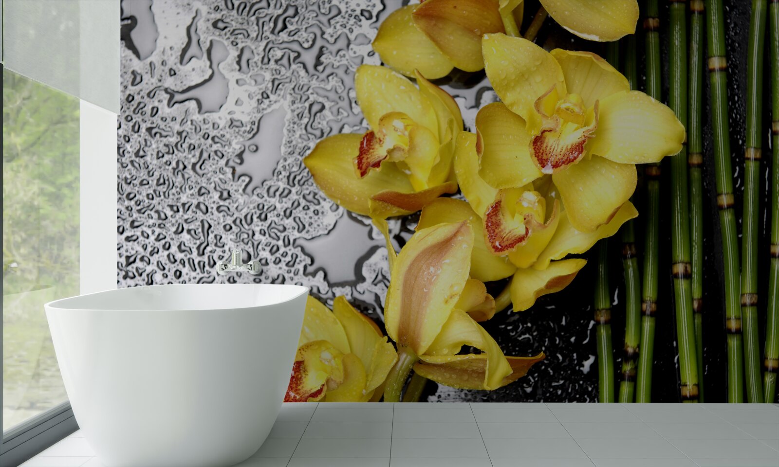 Fototapeten Die gelbe Orchidee befindet sich am Stein neben dem Bambus