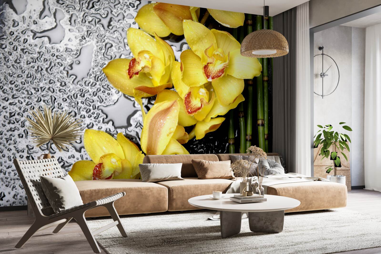 Fototapeten Die gelbe Orchidee befindet sich am Stein neben dem Bambus