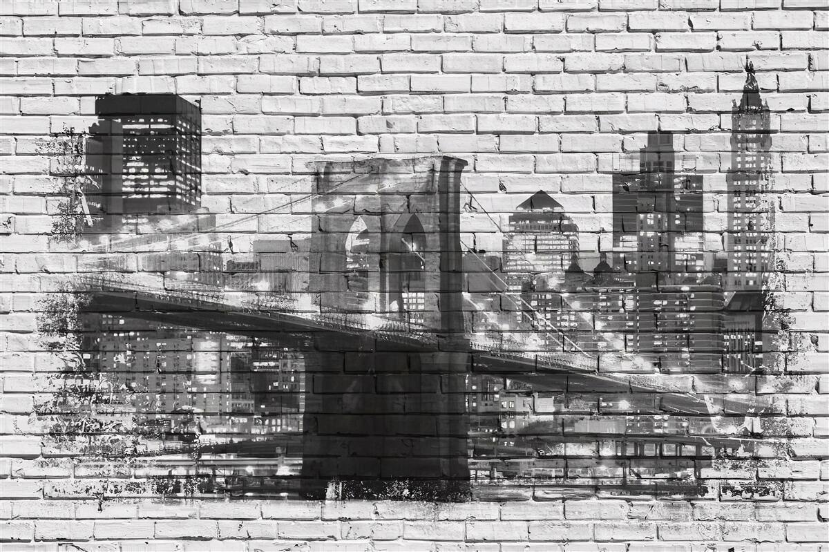 Fototapeten Manhattan Bridge mit Stadtlandschaft auf Ziegelstein