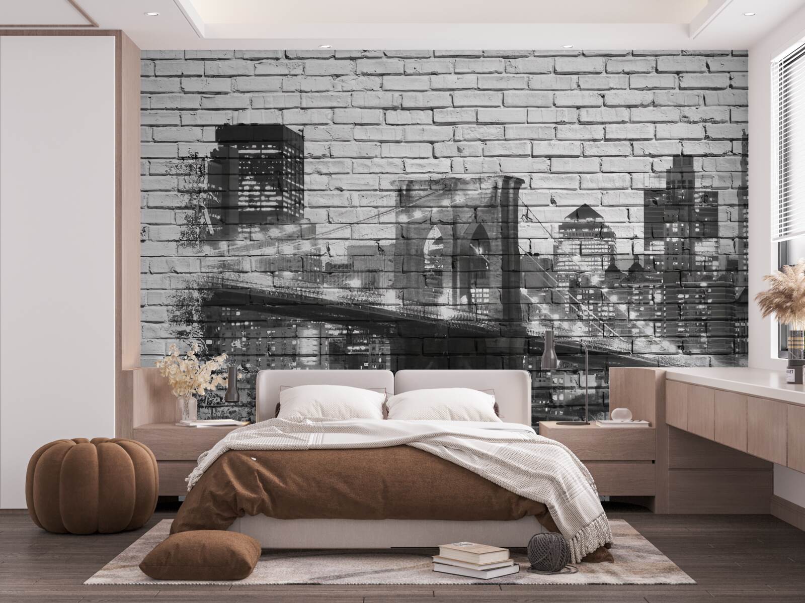 Fototapeten Manhattan Bridge mit Stadtlandschaft auf Ziegelstein