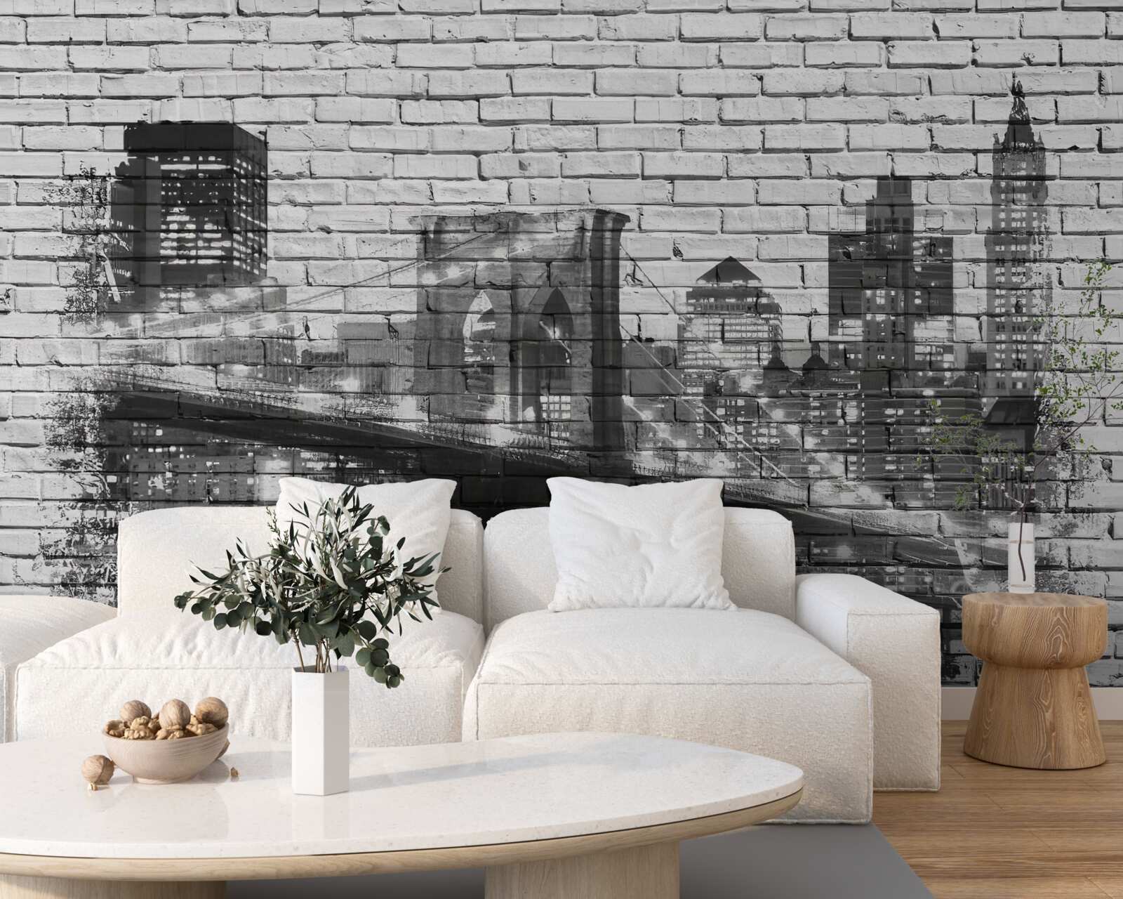 Fototapeten Manhattan Bridge mit Stadtlandschaft auf Ziegelstein