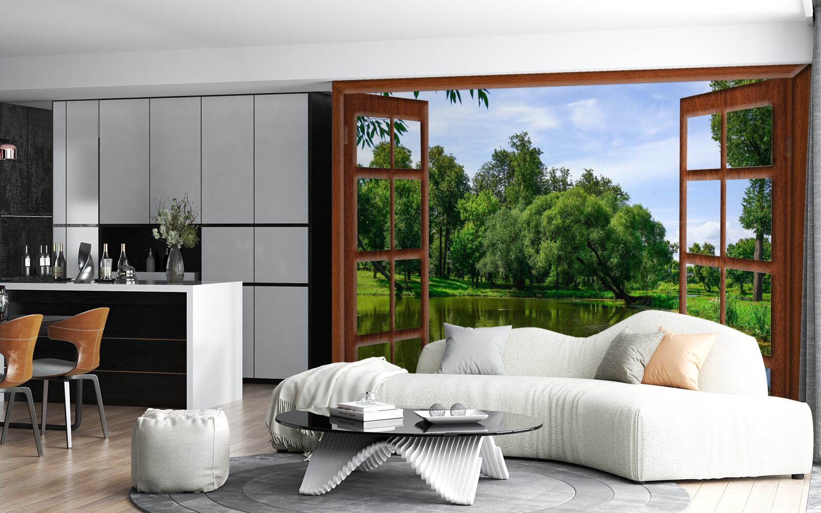 Fototapeten Eine Panoramabläufe der Natur außerhalb des Fensters