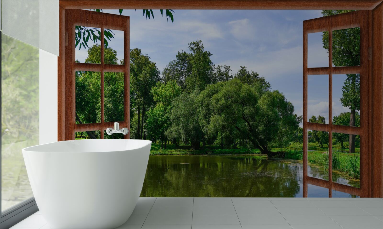 Fototapeten Eine Panoramabläufe der Natur außerhalb des Fensters
