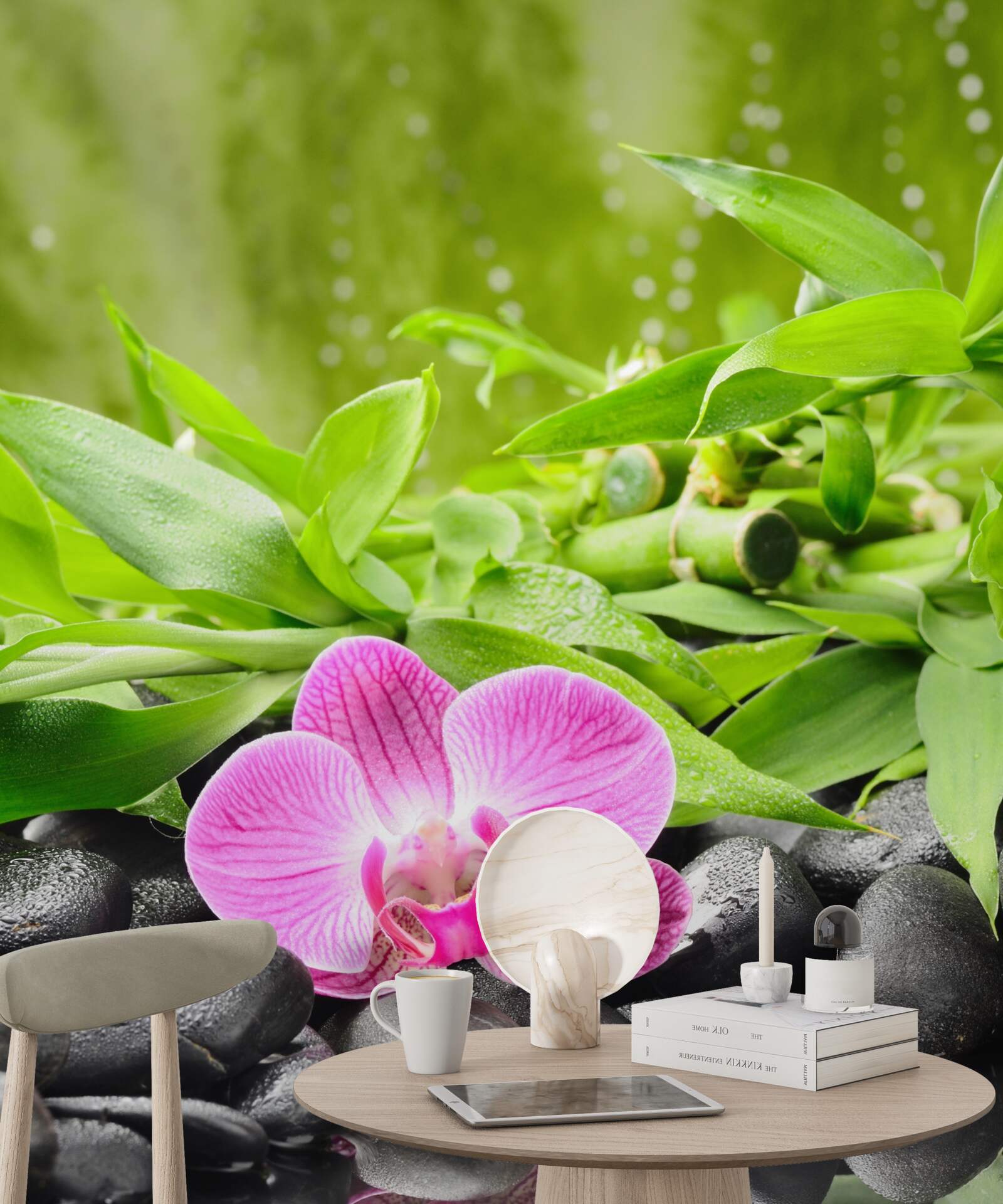 Fototapeten Orchidee anmutig auf einen dunklen Stein in der Nähe des Wassers gelegt