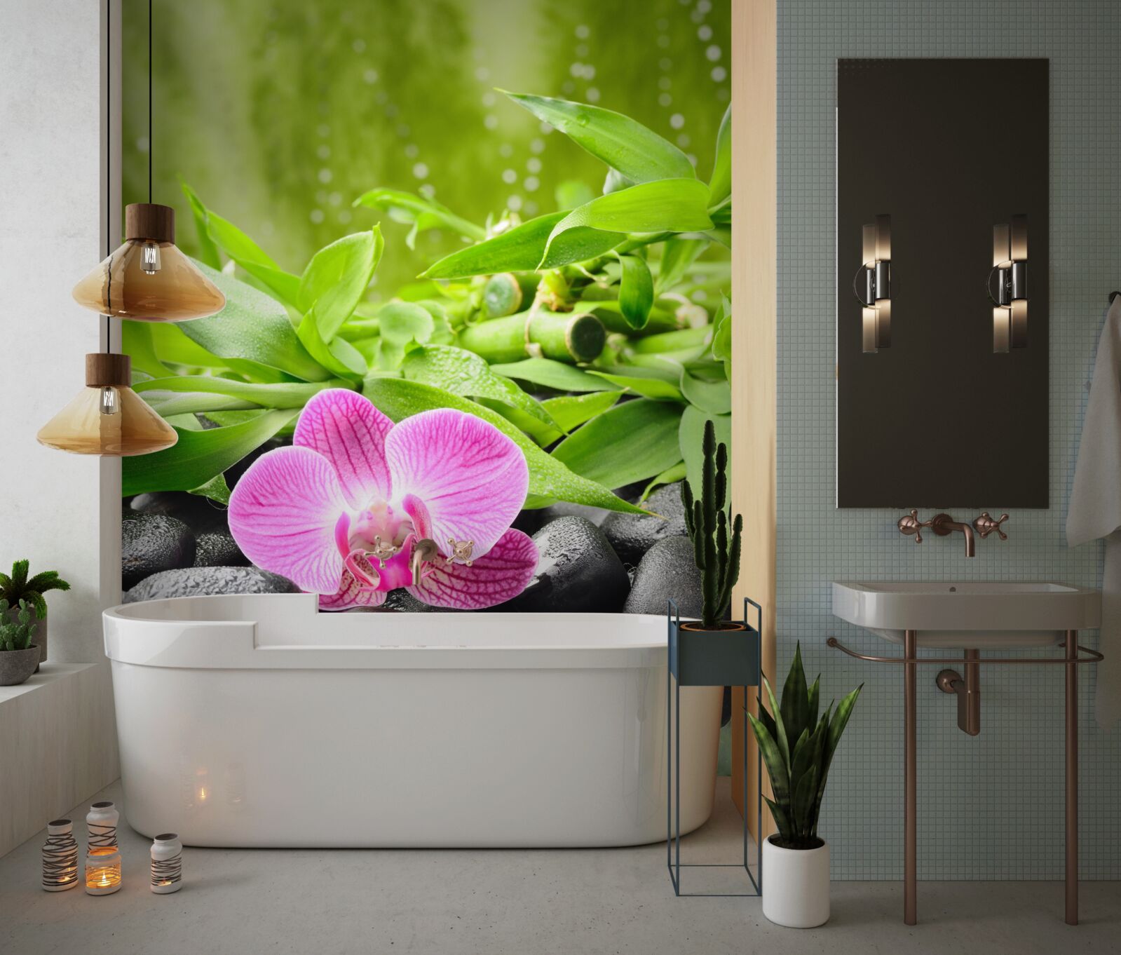 Fototapeten Orchidee anmutig auf einen dunklen Stein in der Nähe des Wassers gelegt